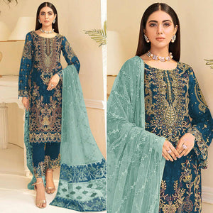 Sea Blue Embroidered Georgette Pakistani Suit - Peachmode