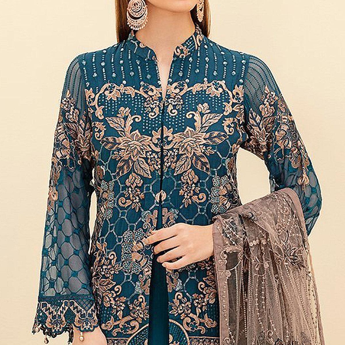 Sea Blue Embroidered Georgette Pakistani Suit - Peachmode