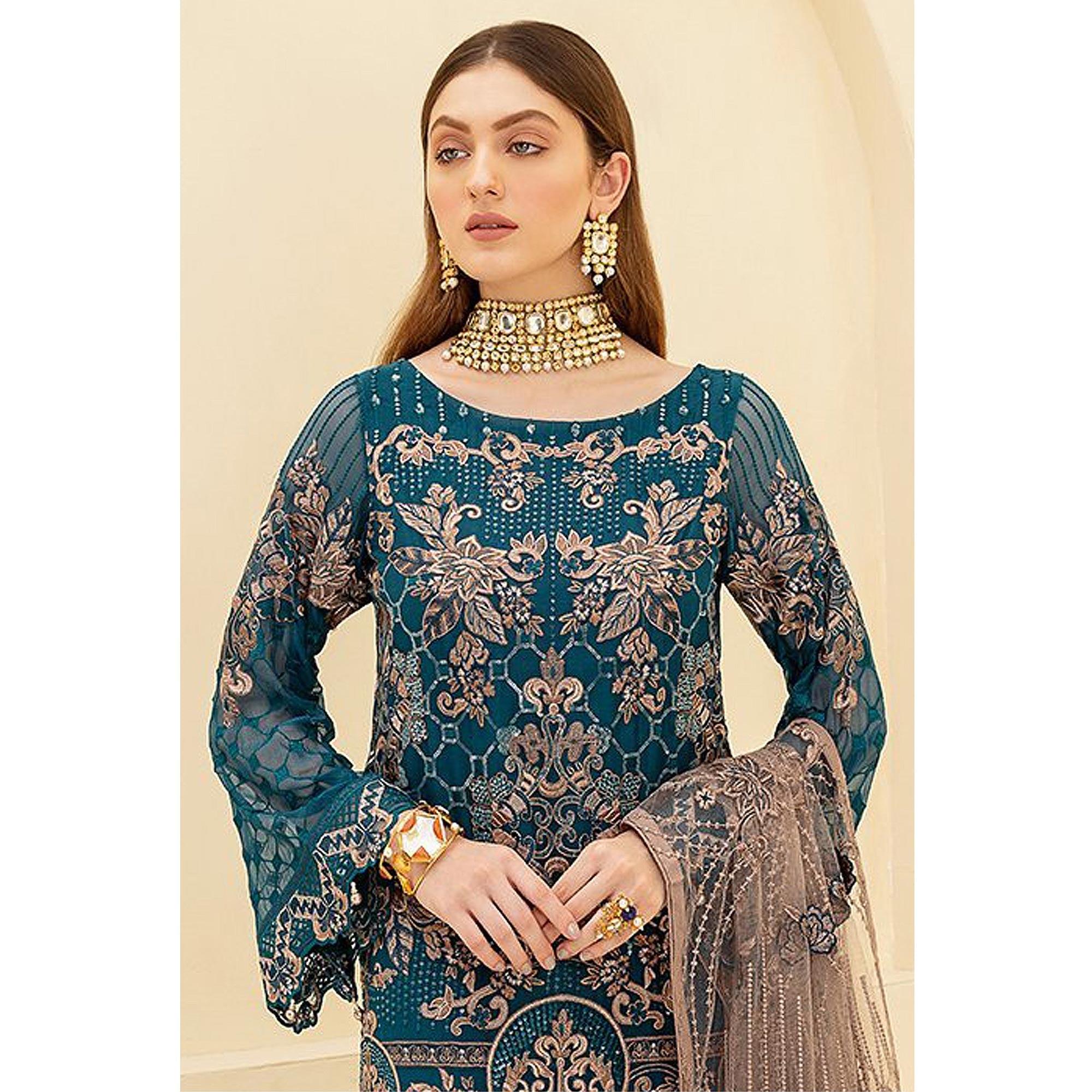 Sea Blue Embroidered Georgette Pakistani Suit - Peachmode