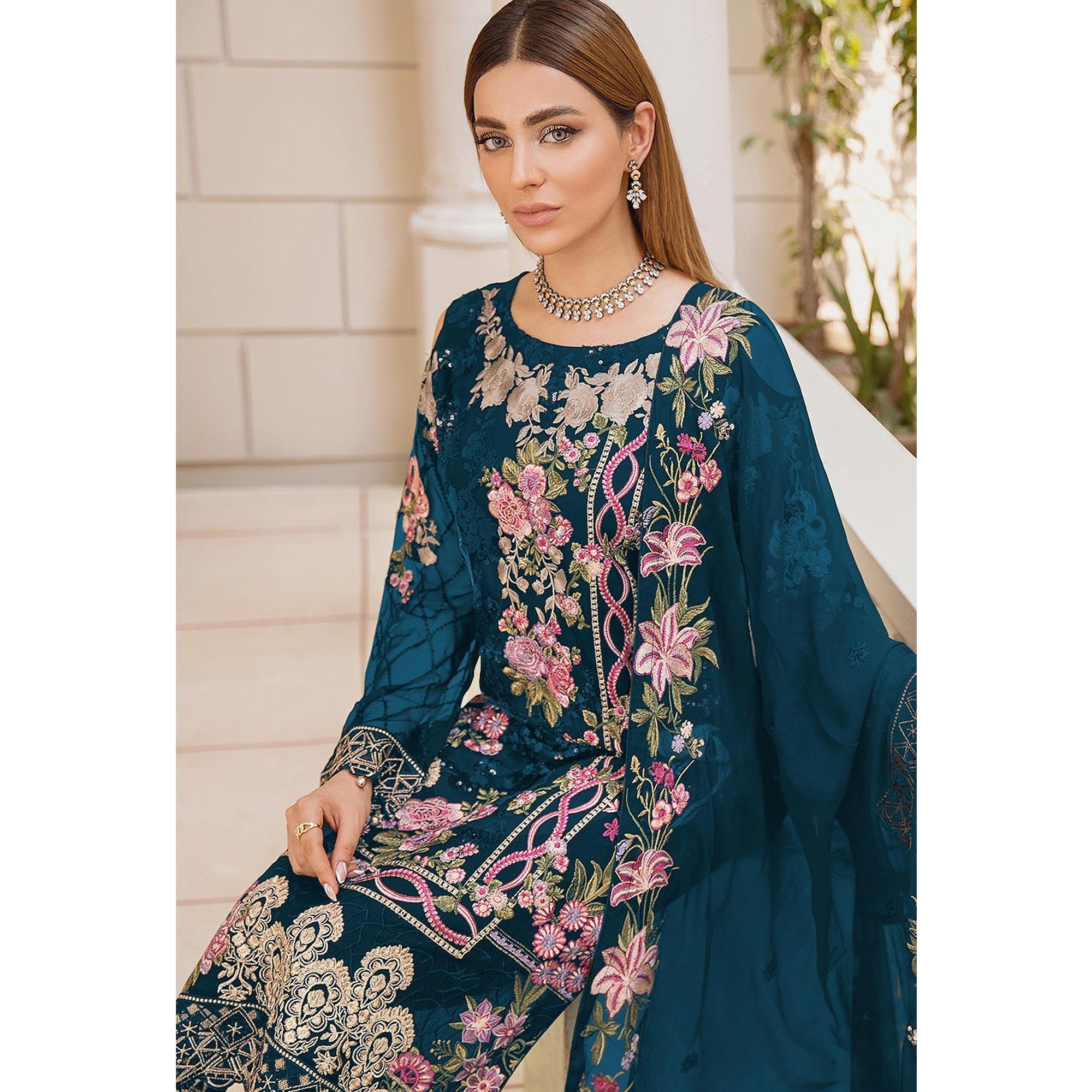 Sea Blue Embroidered Georgette Pakistani Suit - Peachmode