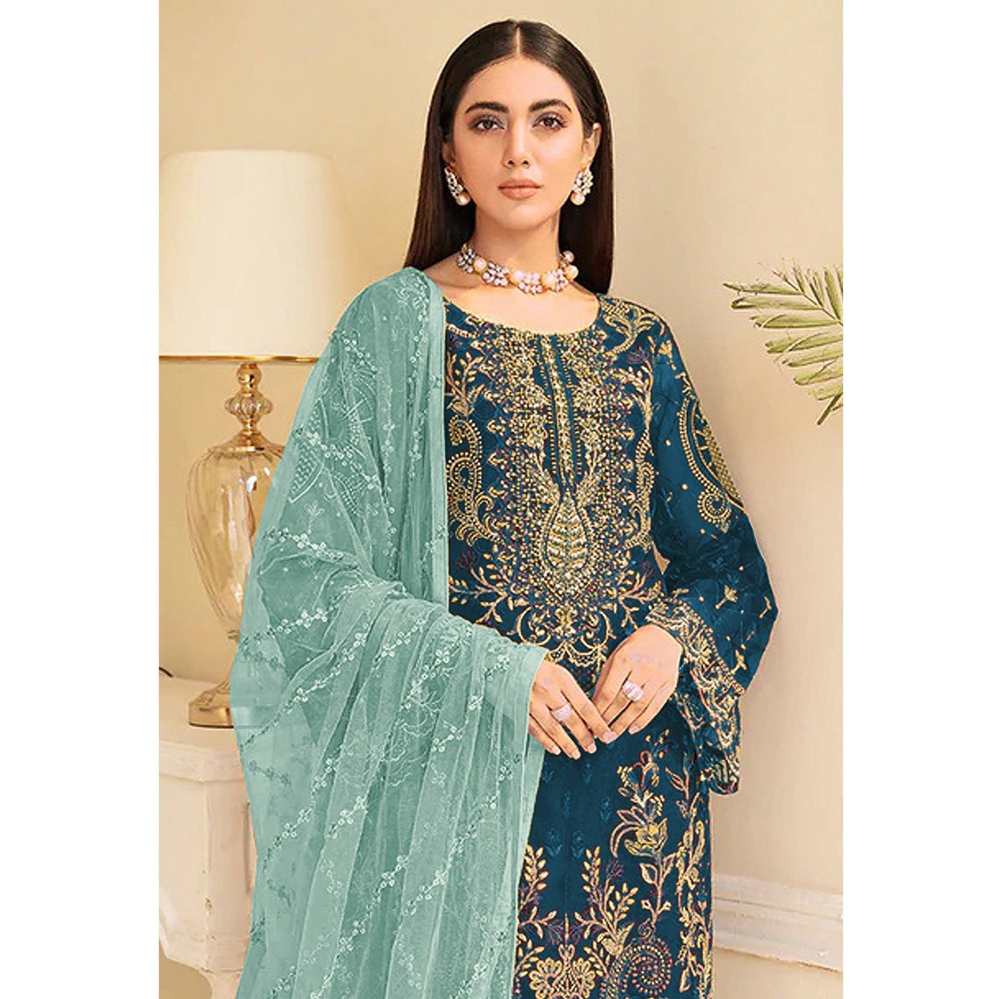 Sea Blue Embroidered Georgette Pakistani Suit - Peachmode