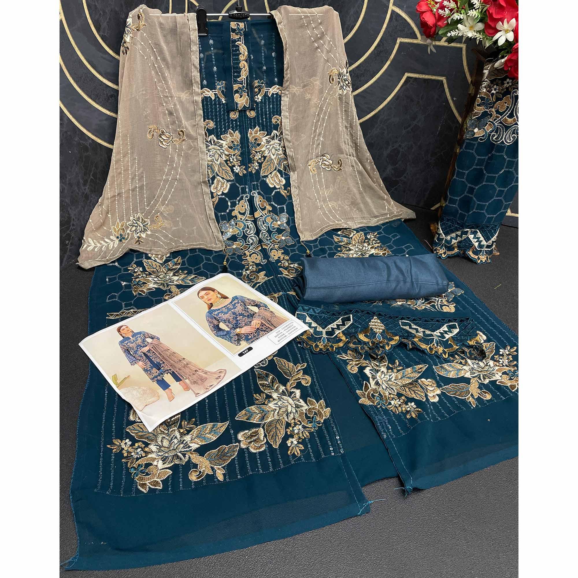 Sea Blue Embroidered Georgette Pakistani Suit - Peachmode