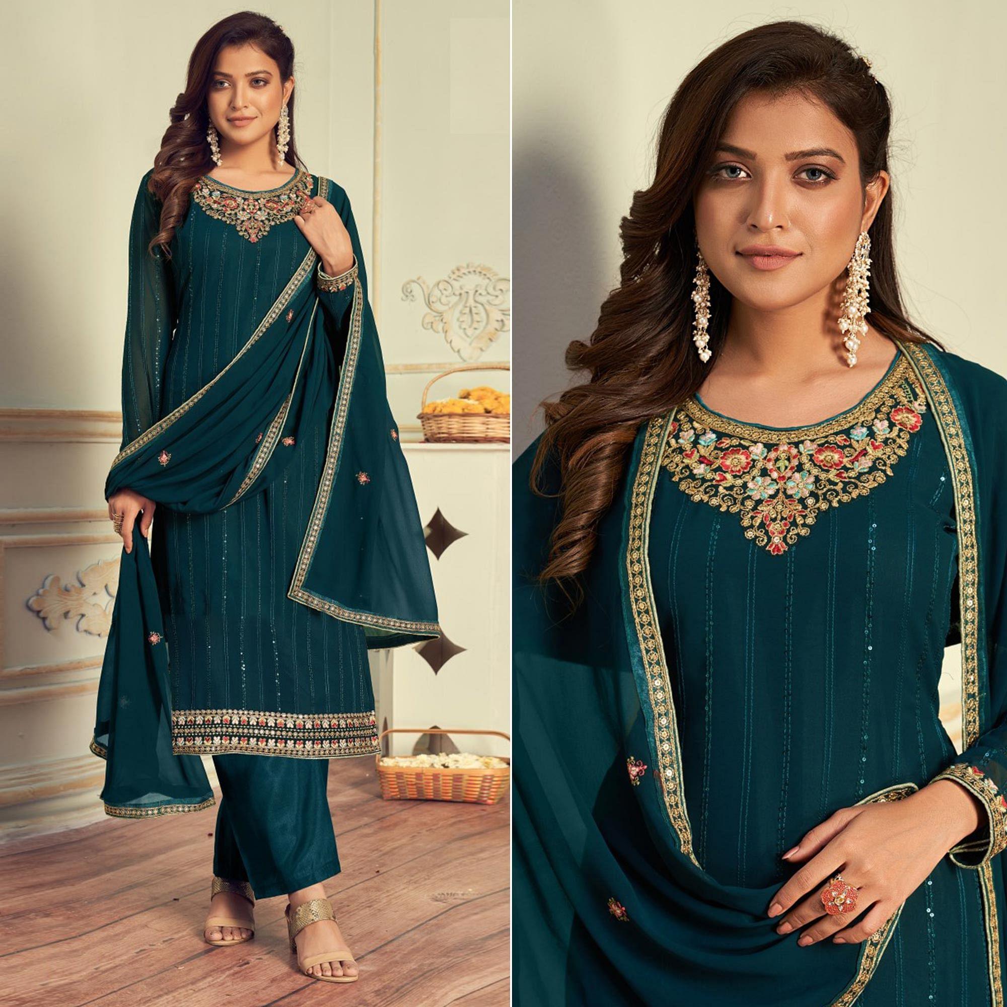 Sea Blue Embroidered Georgette Palazzo Suit - Peachmode