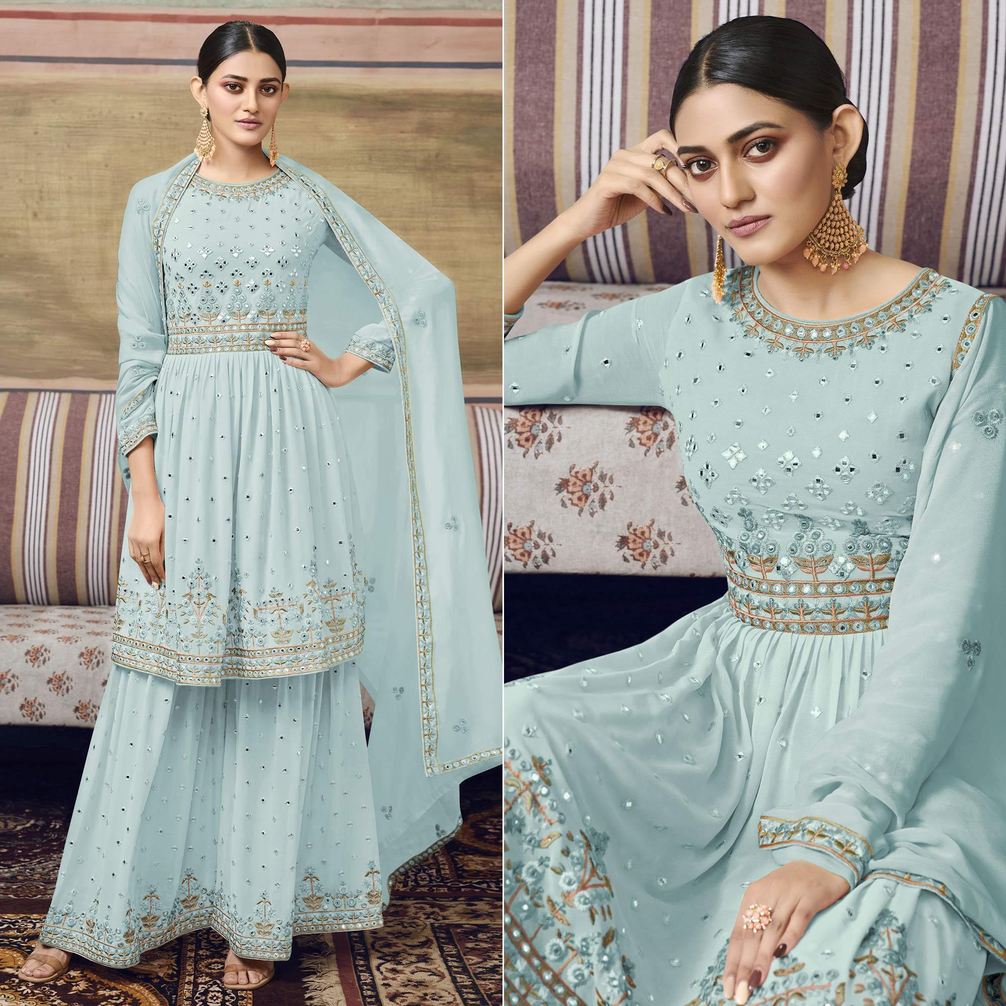 Sea Blue Embroidered Georgette Sharara Suit - Peachmode