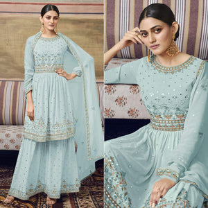 Sea Blue Embroidered Georgette Sharara Suit - Peachmode