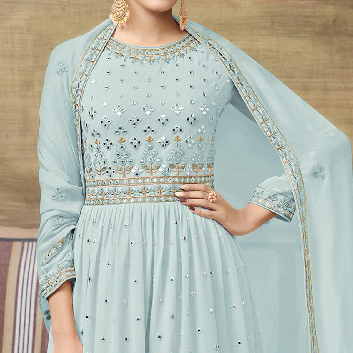 Sea Blue Embroidered Georgette Sharara Suit - Peachmode