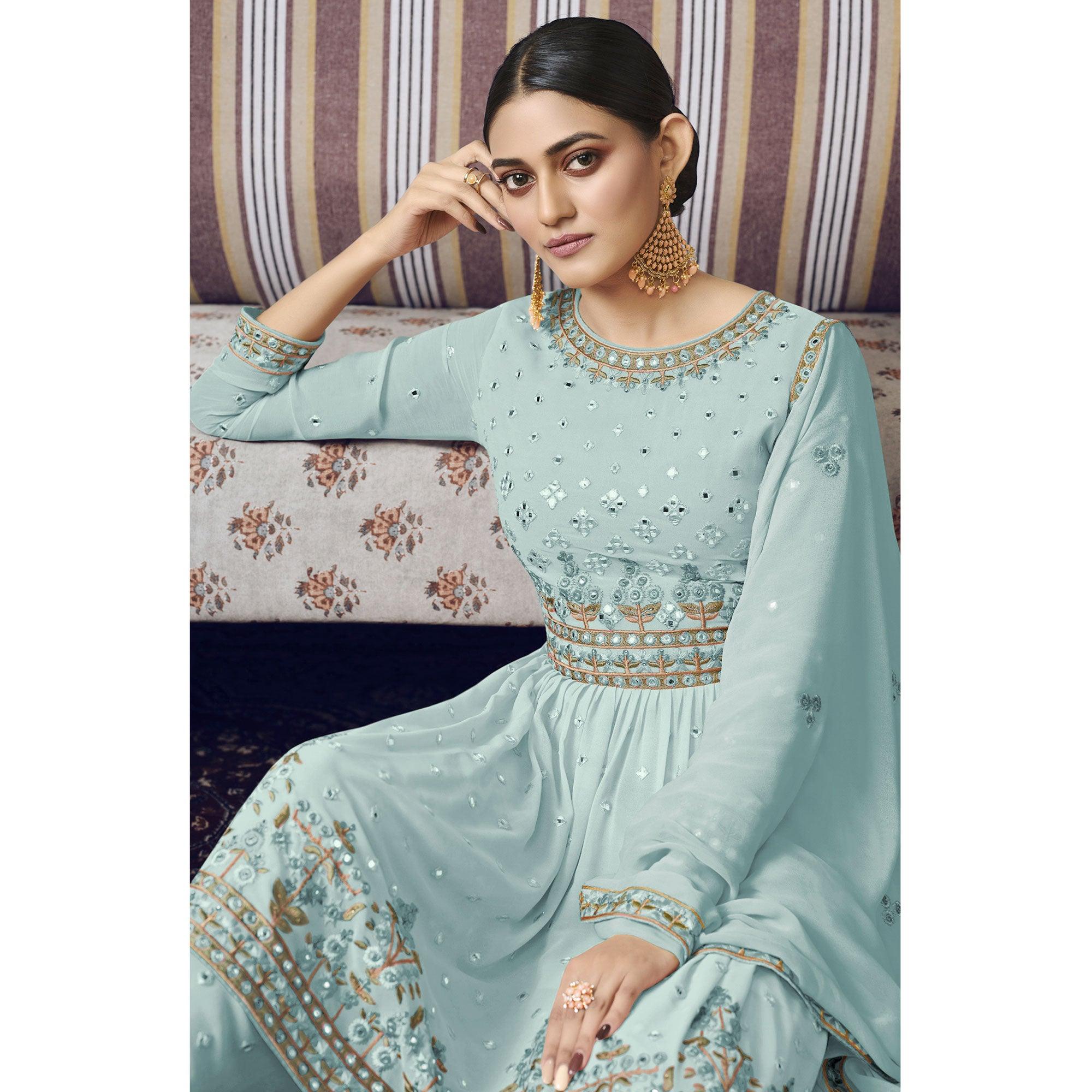 Sea Blue Embroidered Georgette Sharara Suit - Peachmode