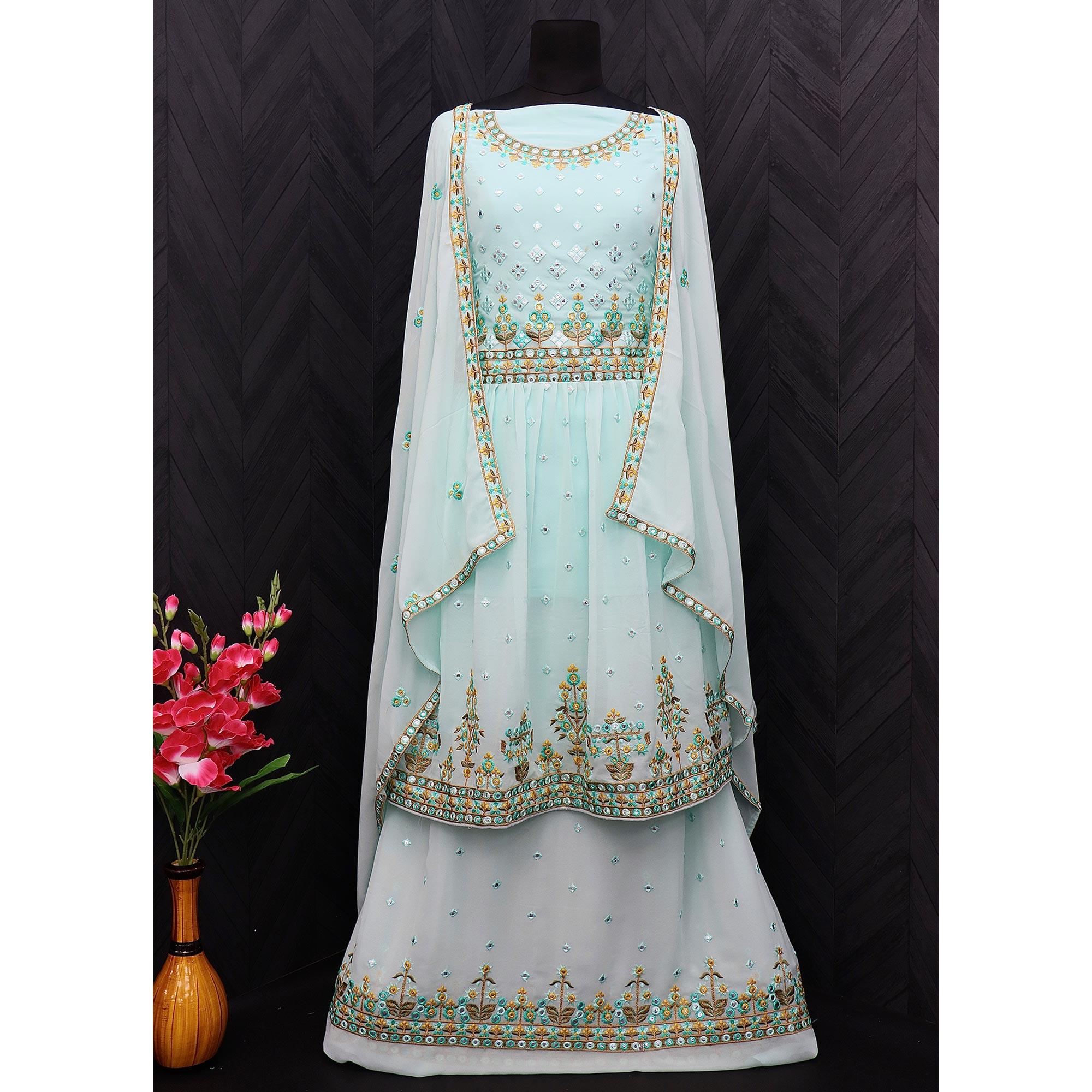 Sea Blue Embroidered Georgette Sharara Suit - Peachmode