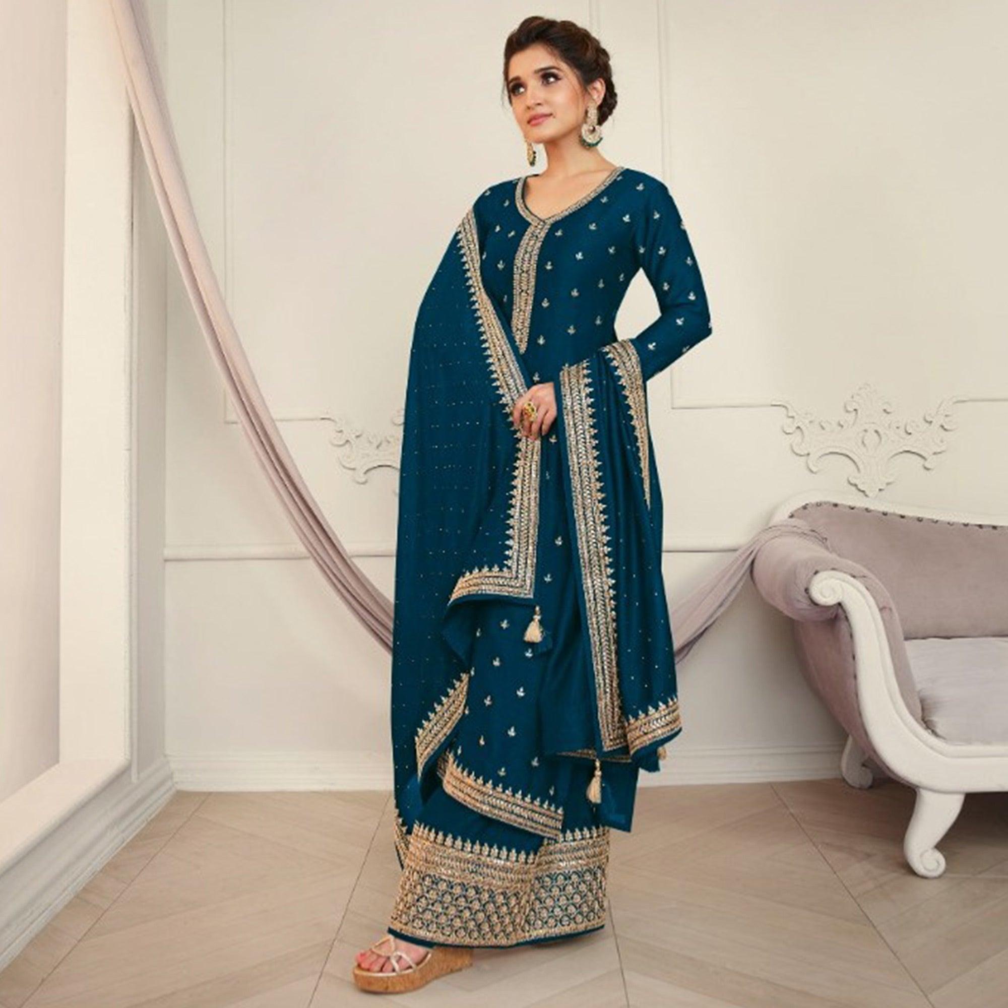 Sea Blue Party Wear Embroidered Silk Georgette Palazzo Suit - Peachmode
