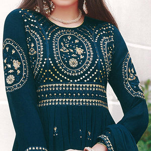 Sea Blue Partywear Embroidered Faux Georgette Salwar Suit - Peachmode