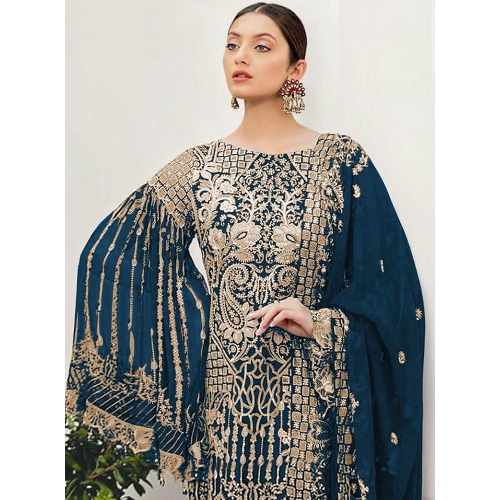 Sea Blue Partywear Embroidered Georgette Pakistani Suit - Peachmode