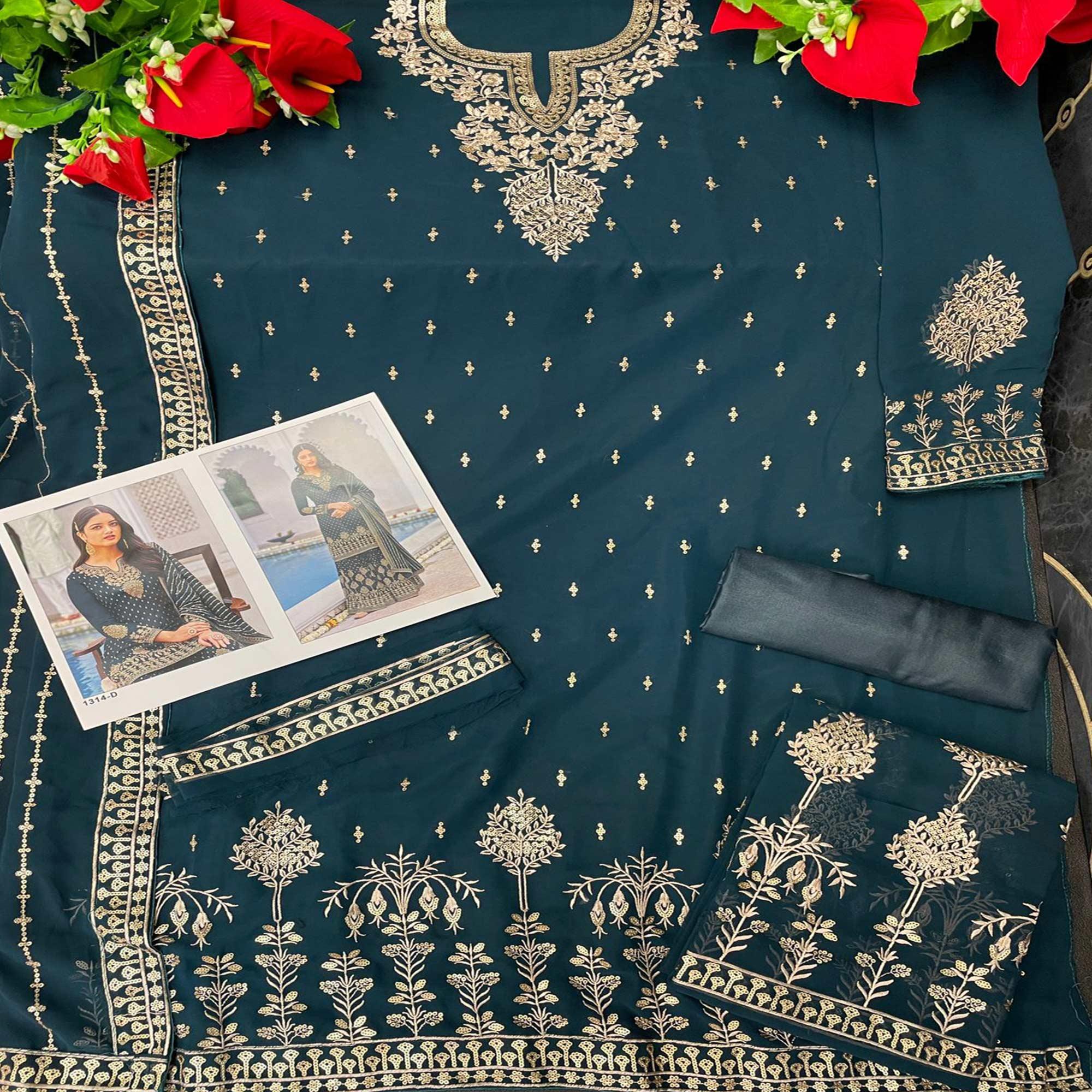 Sea Blue Partywear Sequence & Embroidered Faux Georgette Salwar Suit - Peachmode