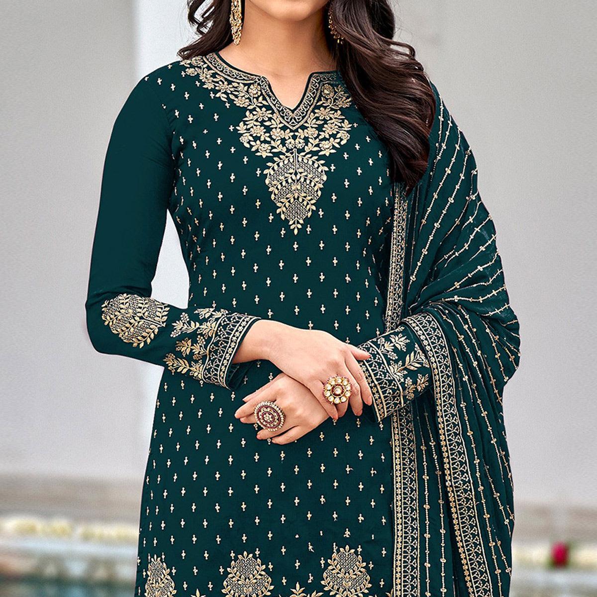 Sea Blue Partywear Sequence & Embroidered Faux Georgette Salwar Suit - Peachmode