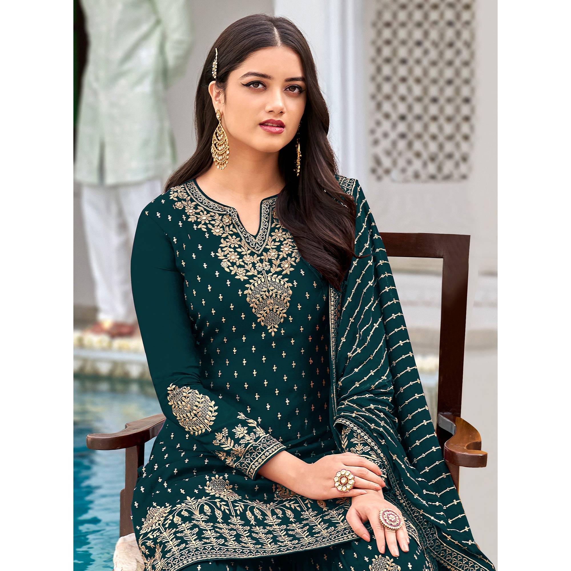 Sea Blue Partywear Sequence & Embroidered Faux Georgette Salwar Suit - Peachmode