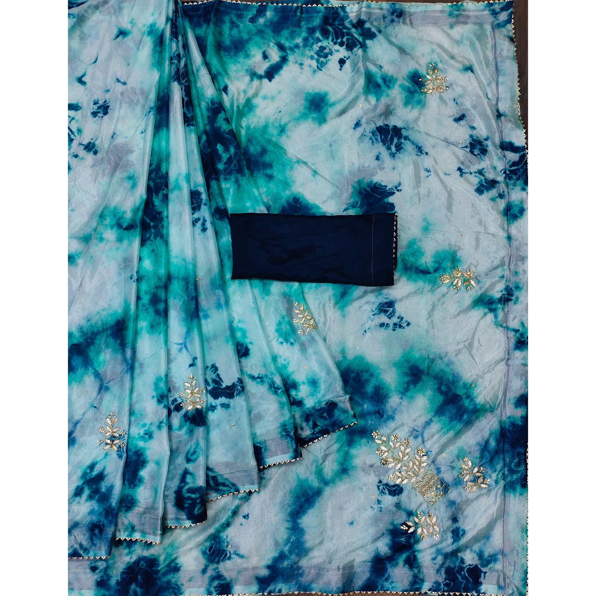 Sea Blue Printed Chiffon Saree - Peachmode