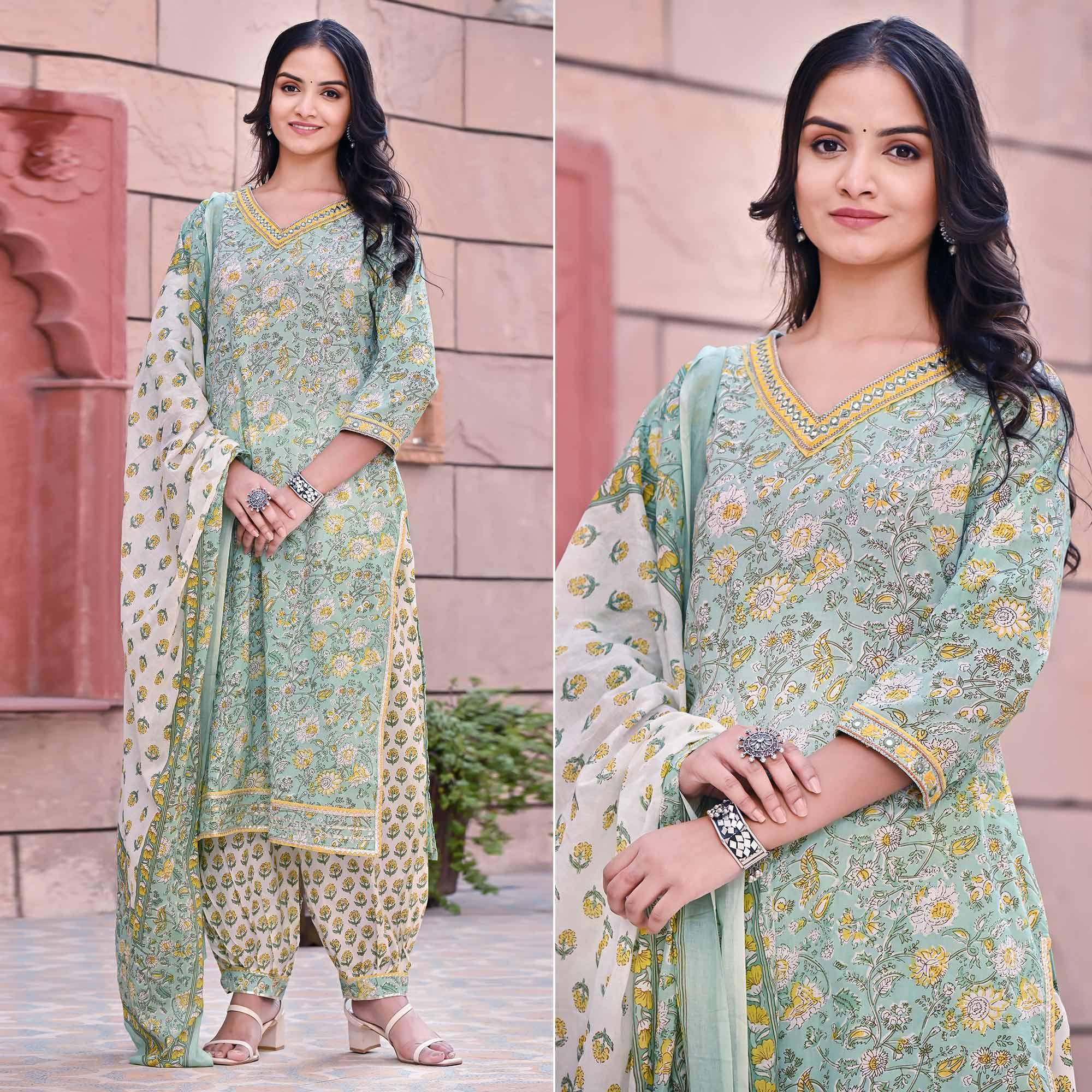 Sea Blue Printed Pure Cotton Kurti Pant Set With Dupatta - Peachmode