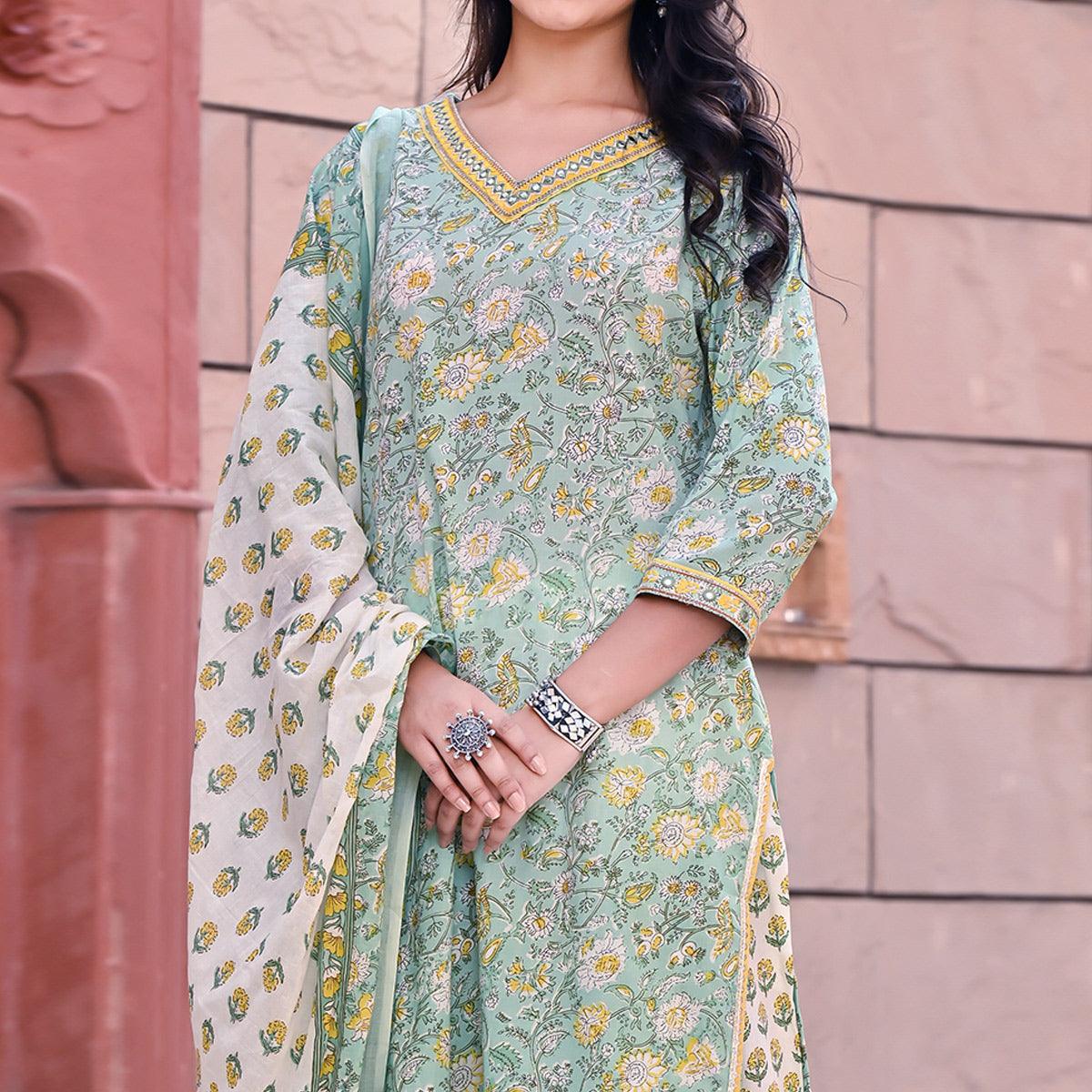 Sea Blue Printed Pure Cotton Kurti Pant Set With Dupatta - Peachmode