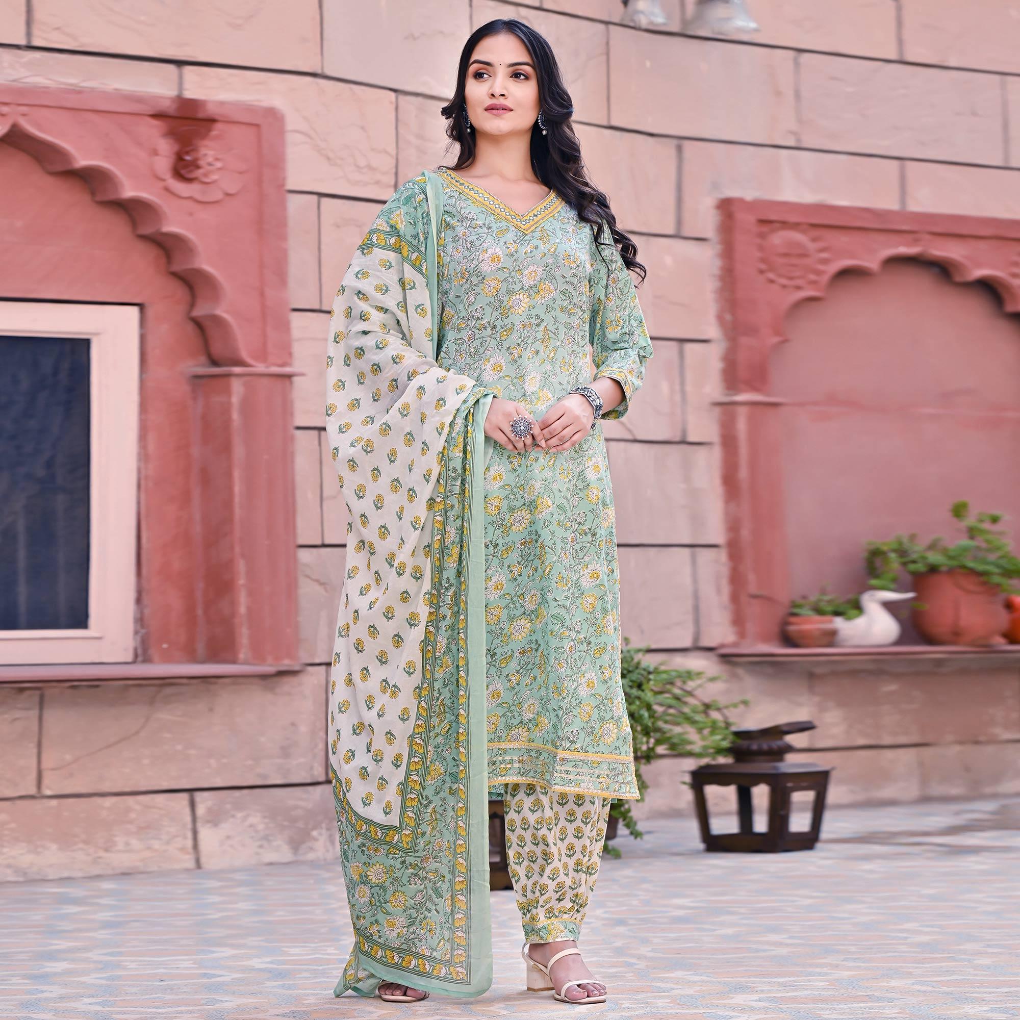 Sea Blue Printed Pure Cotton Kurti Pant Set With Dupatta - Peachmode
