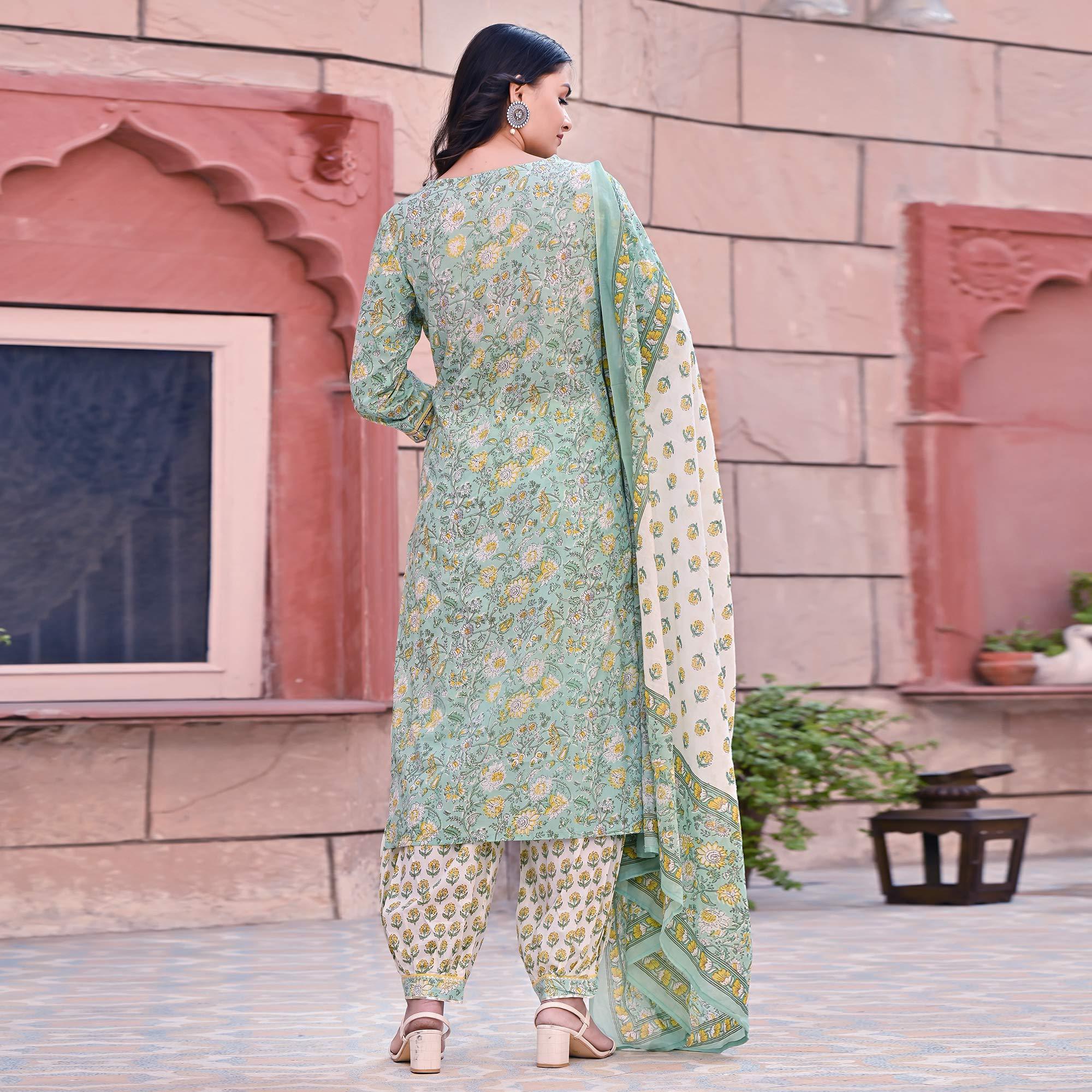 Sea Blue Printed Pure Cotton Kurti Pant Set With Dupatta - Peachmode