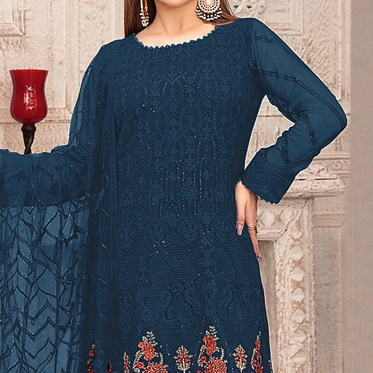 Sea Blue Sequence With Floral Embroidered Georgette Pakistani Suit - Peachmode