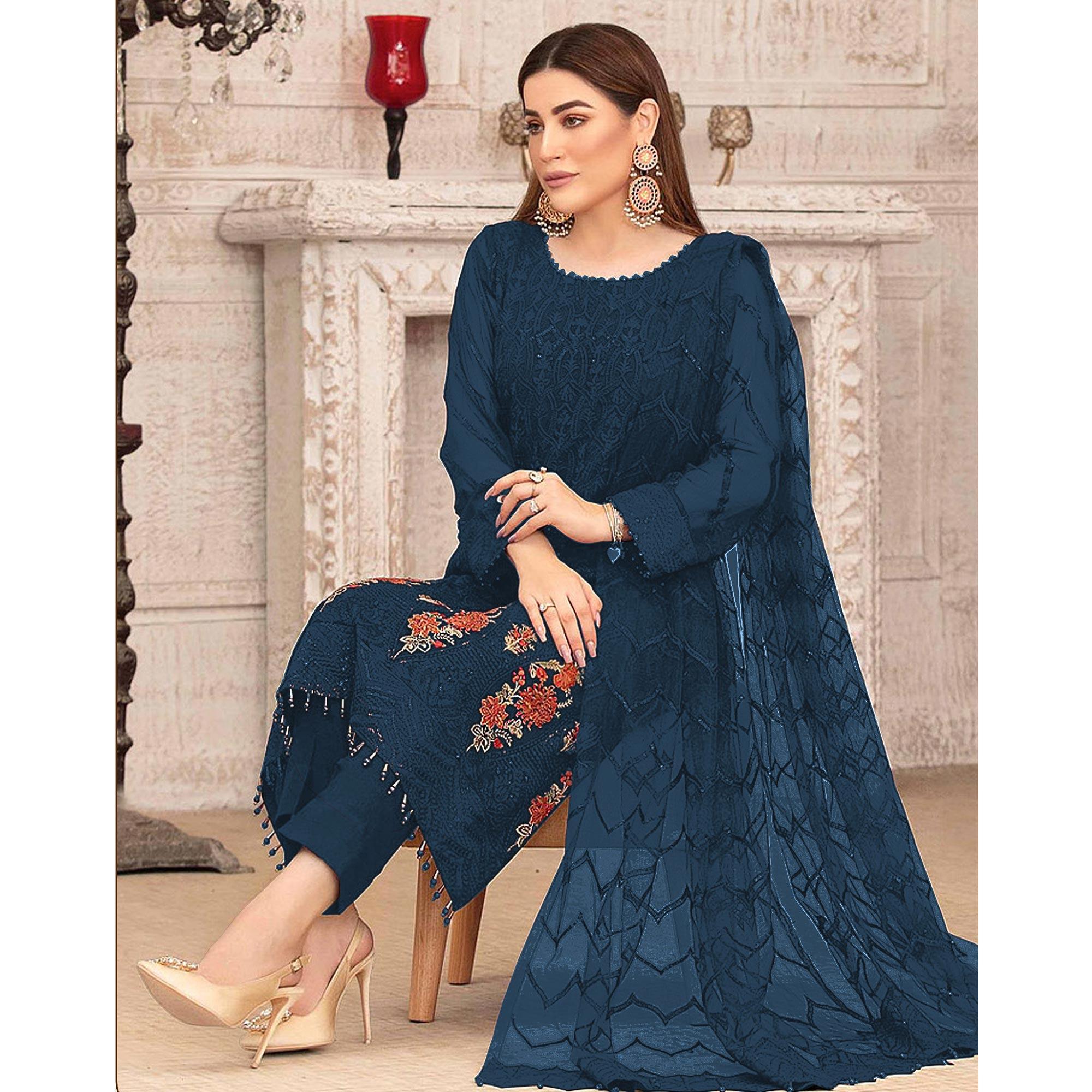 Sea Blue Sequence With Floral Embroidered Georgette Pakistani Suit - Peachmode