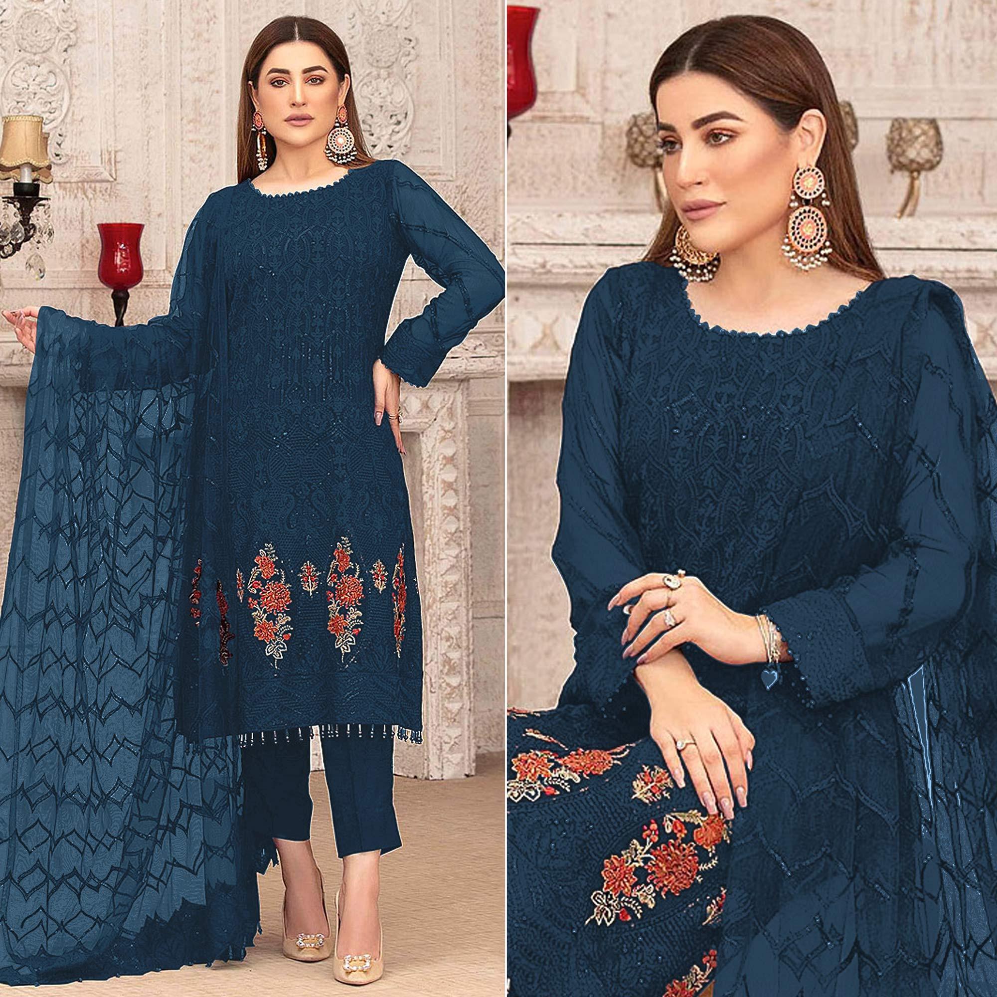 Sea Blue Sequence With Floral Embroidered Georgette Pakistani Suit - Peachmode