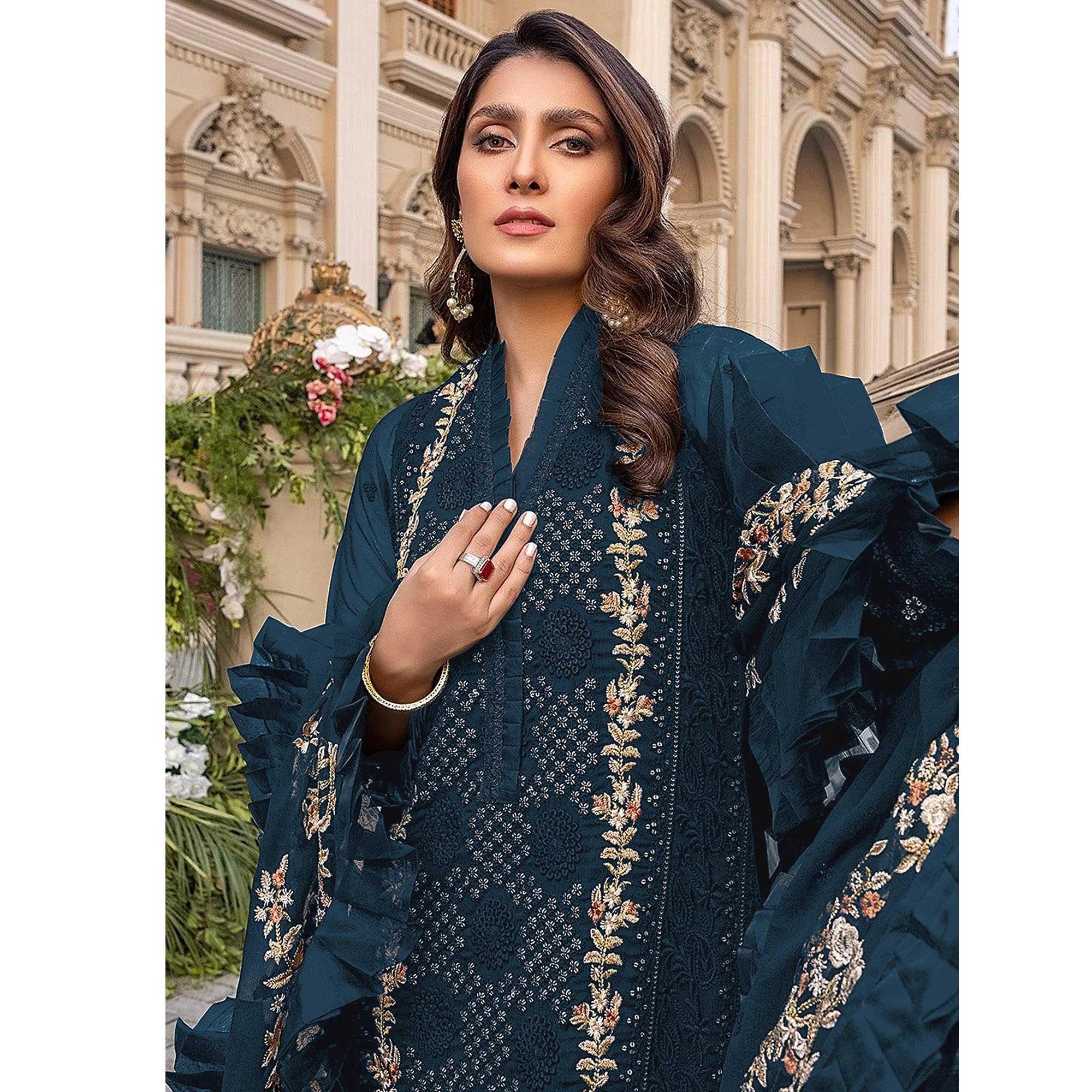 Sea Blue Sequence With Floral Embroidered Georgette Pakistani Suit - Peachmode