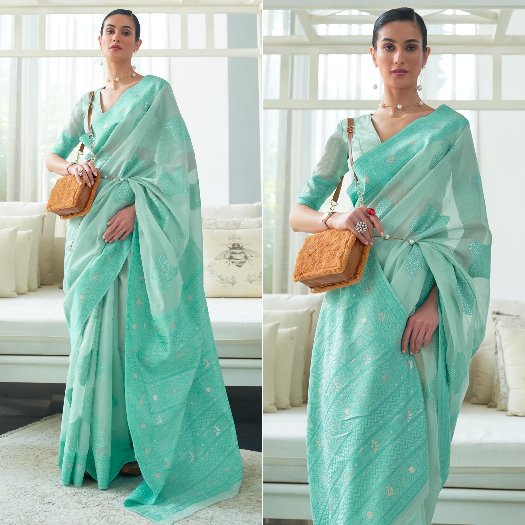 Sea Blue Woven Lucknowi Chickankari Modal Saree - Peachmode