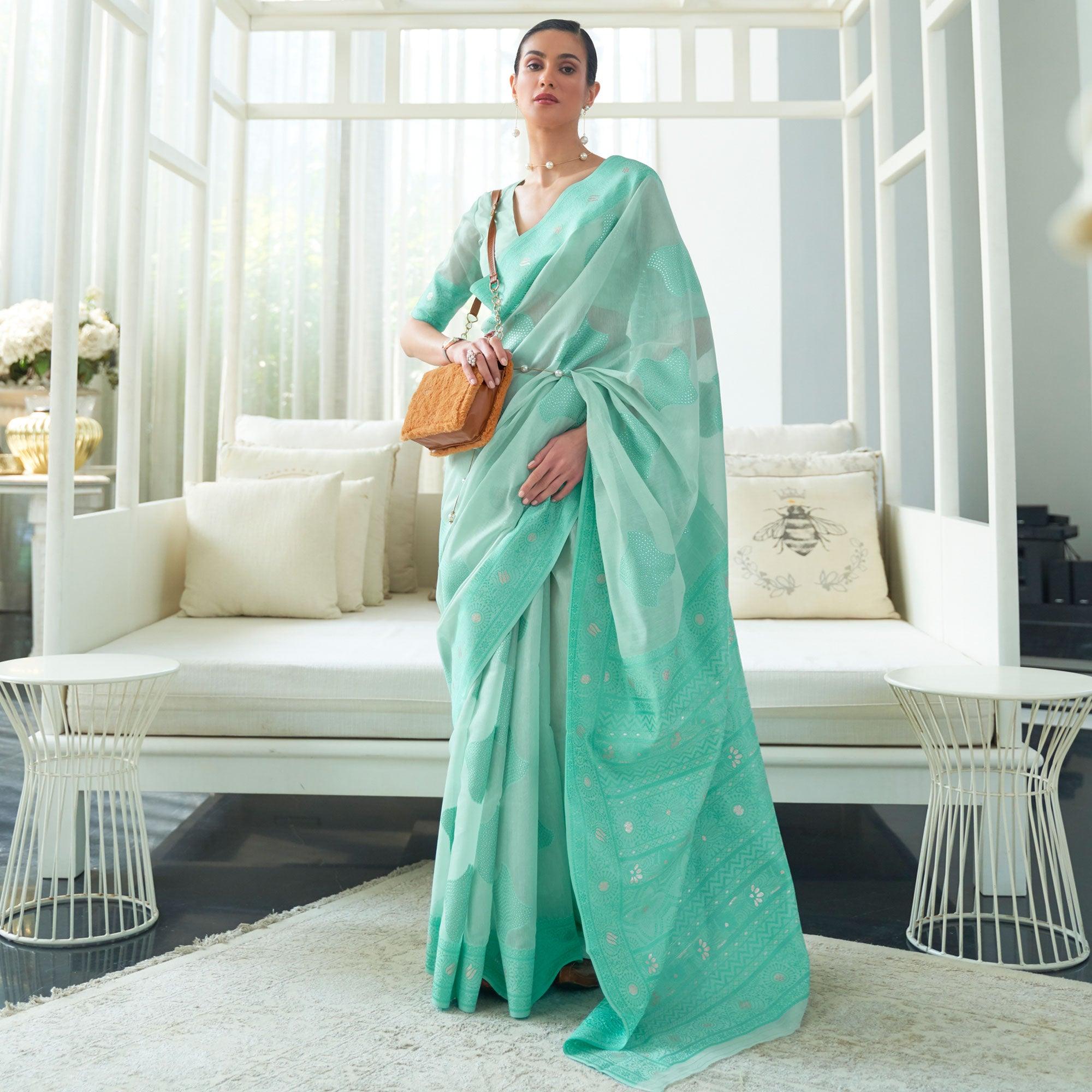 Sea Blue Woven Lucknowi Chickankari Modal Saree - Peachmode