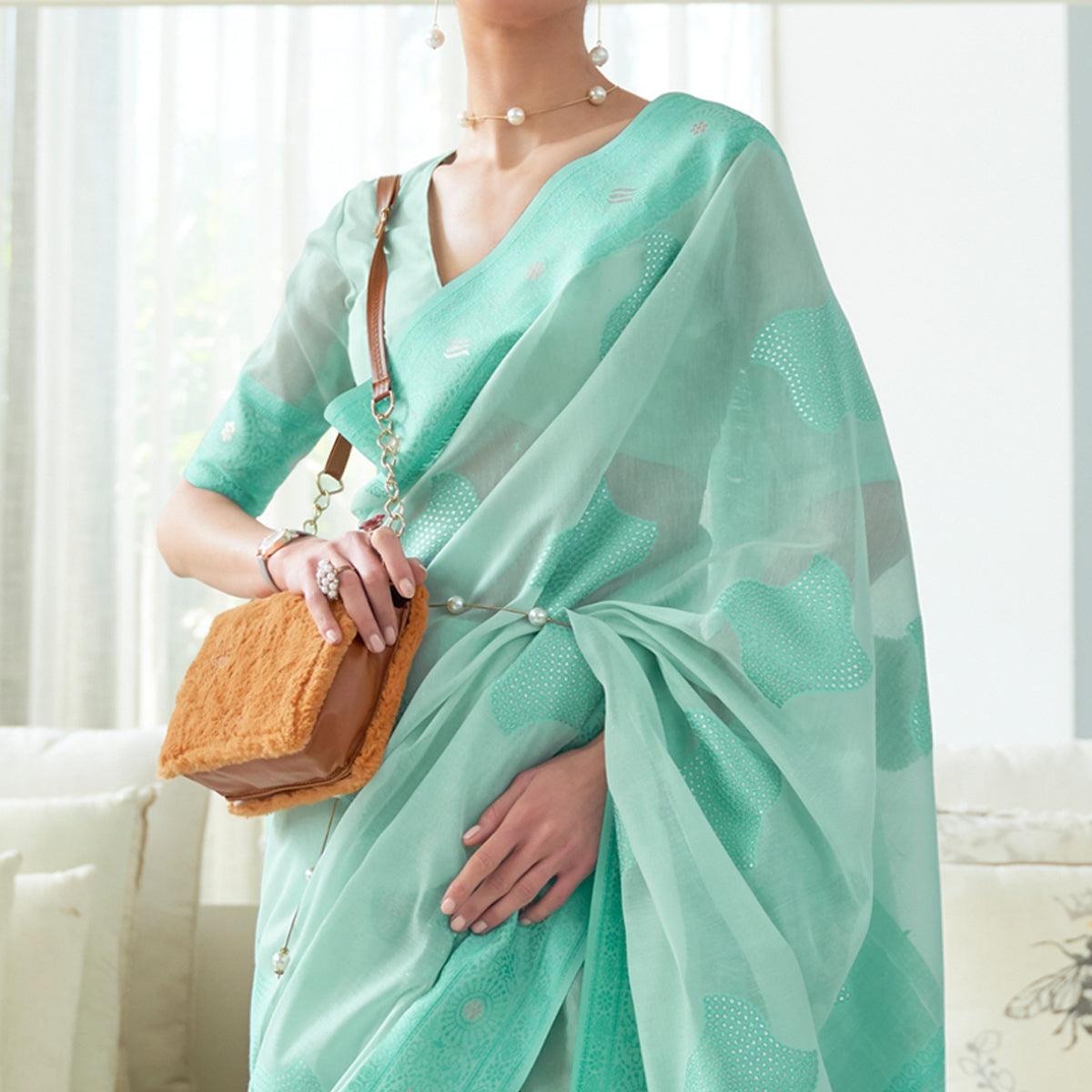 Sea Blue Woven Lucknowi Chickankari Modal Saree - Peachmode