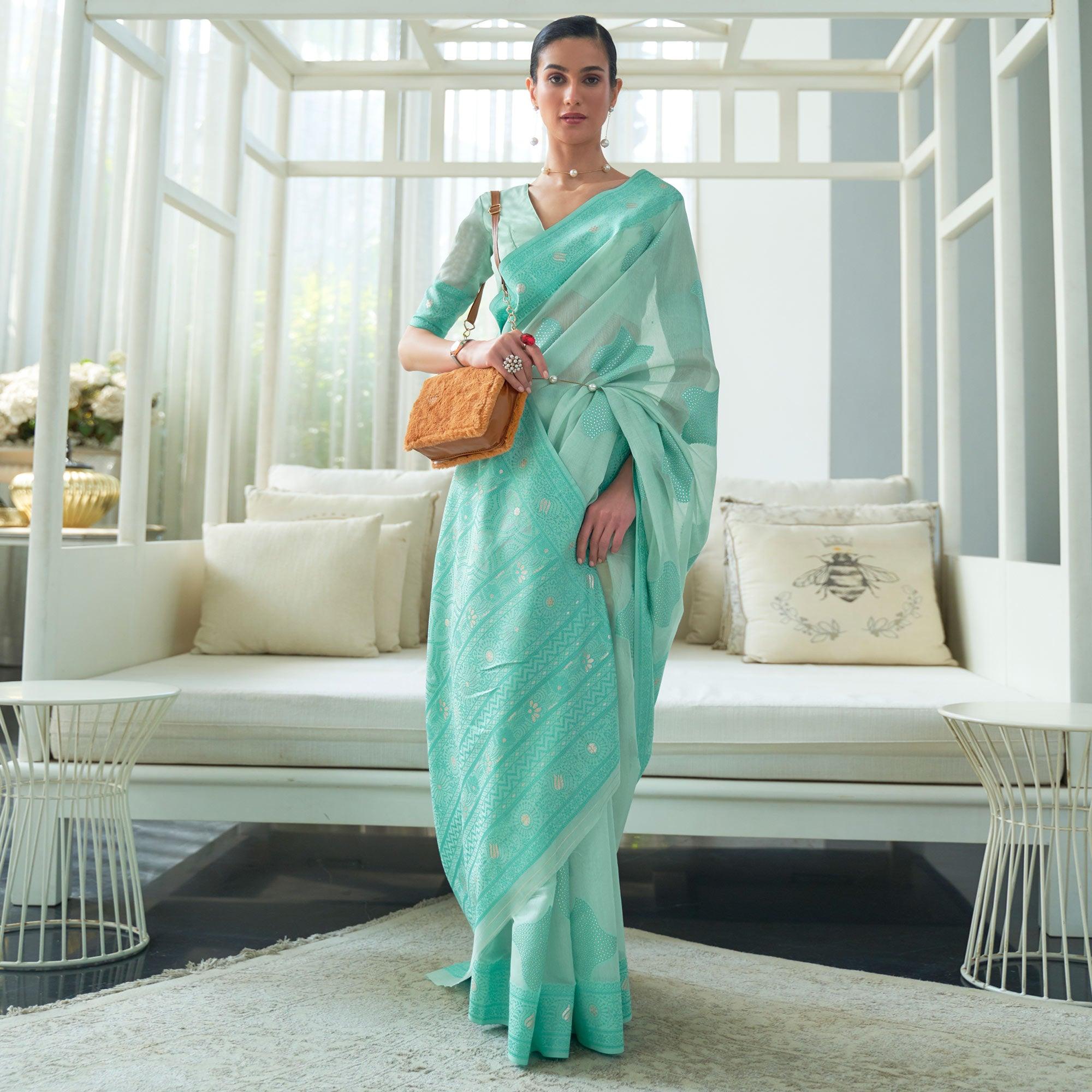 Sea Blue Woven Lucknowi Chickankari Modal Saree - Peachmode