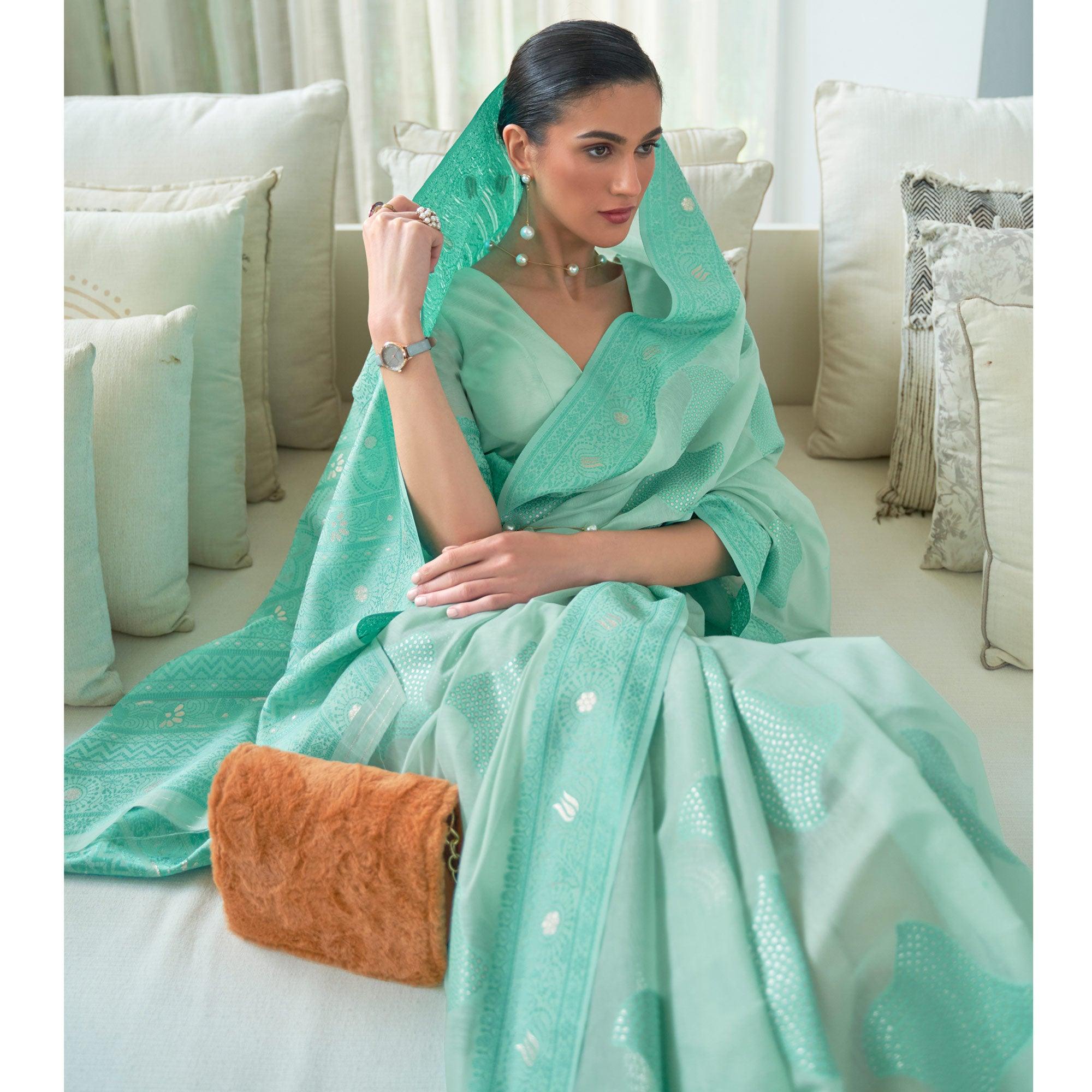 Sea Blue Woven Lucknowi Chickankari Modal Saree - Peachmode