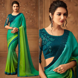 Sea Green & Mint Green Floral Sequence Embroidered Chiffon Saree - Peachmode
