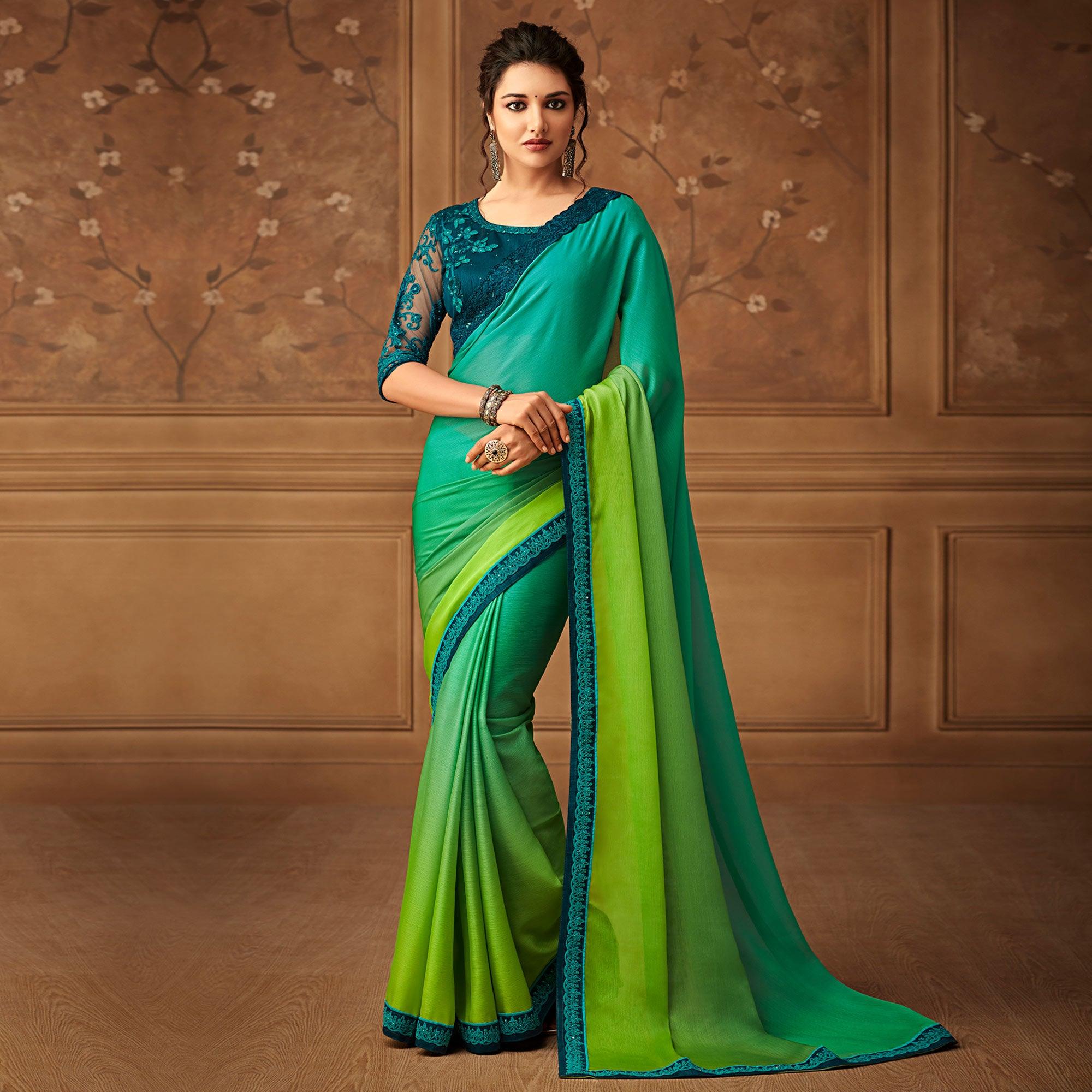 Sea Green & Mint Green Floral Sequence Embroidered Chiffon Saree - Peachmode
