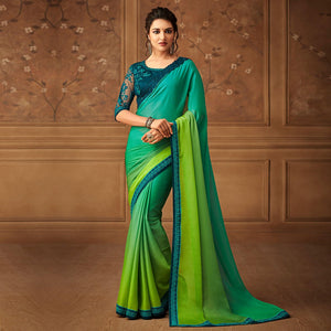Sea Green & Mint Green Floral Sequence Embroidered Chiffon Saree - Peachmode