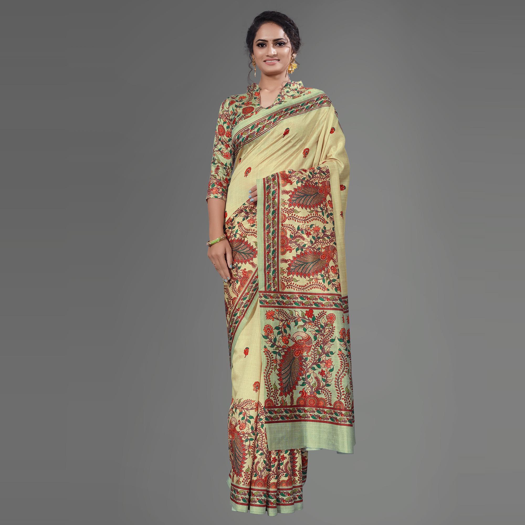 Sea Green Casual Art Silk Printed Saree With Unstitched Blouse - Peachmode