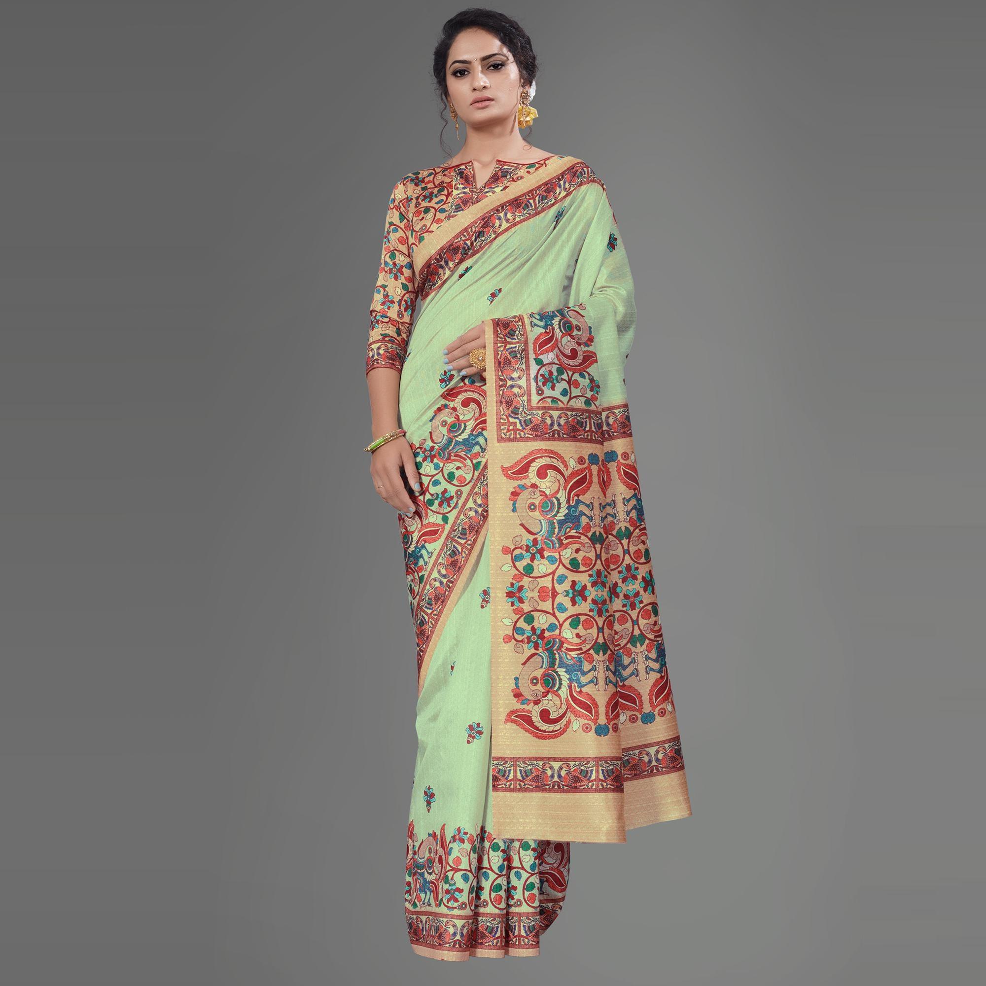Sea Green Casual Art Silk Printed Saree With Unstitched Blouse - Peachmode