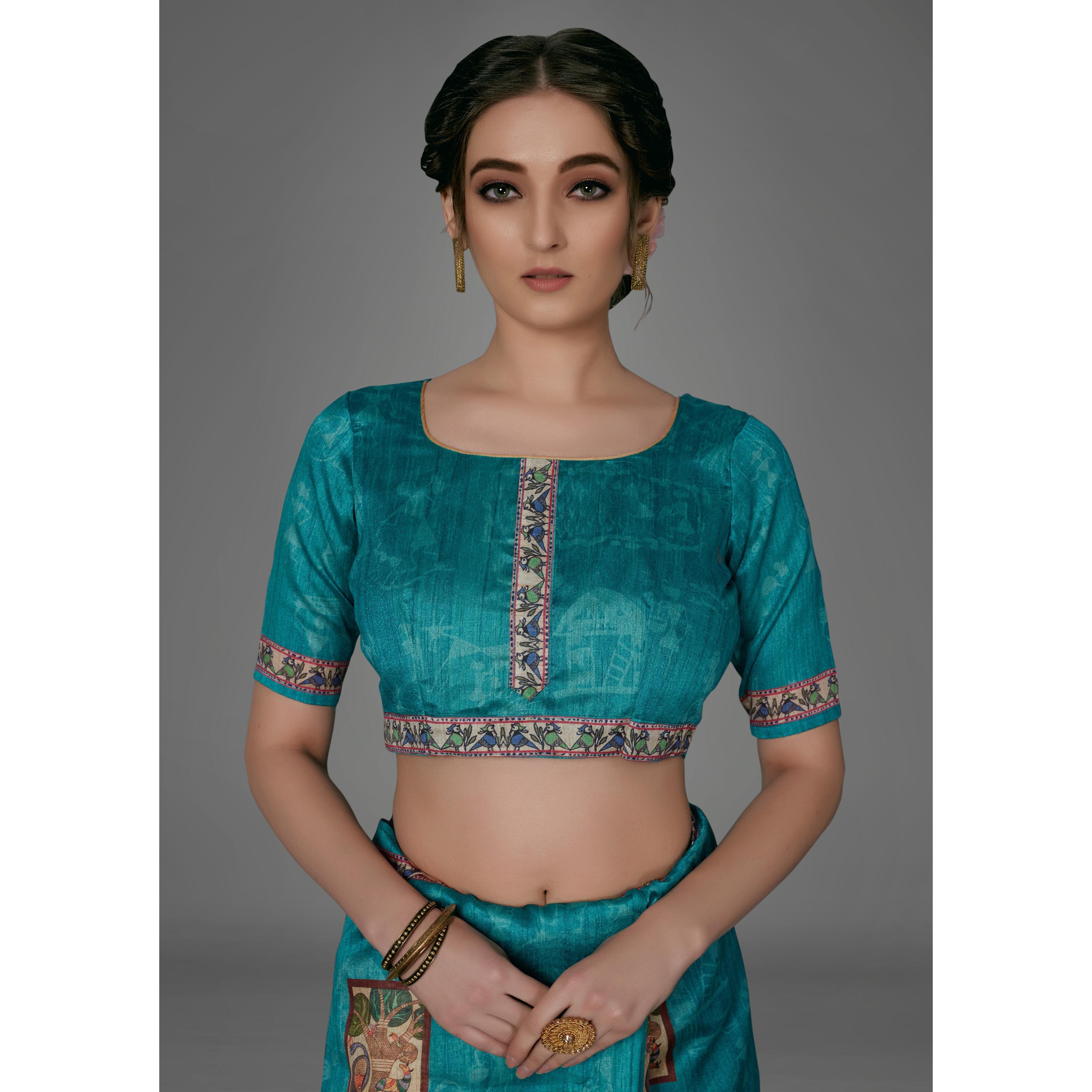 Sea Green Casual Art Silk Printed Saree With Unstitched Blouse - Peachmode