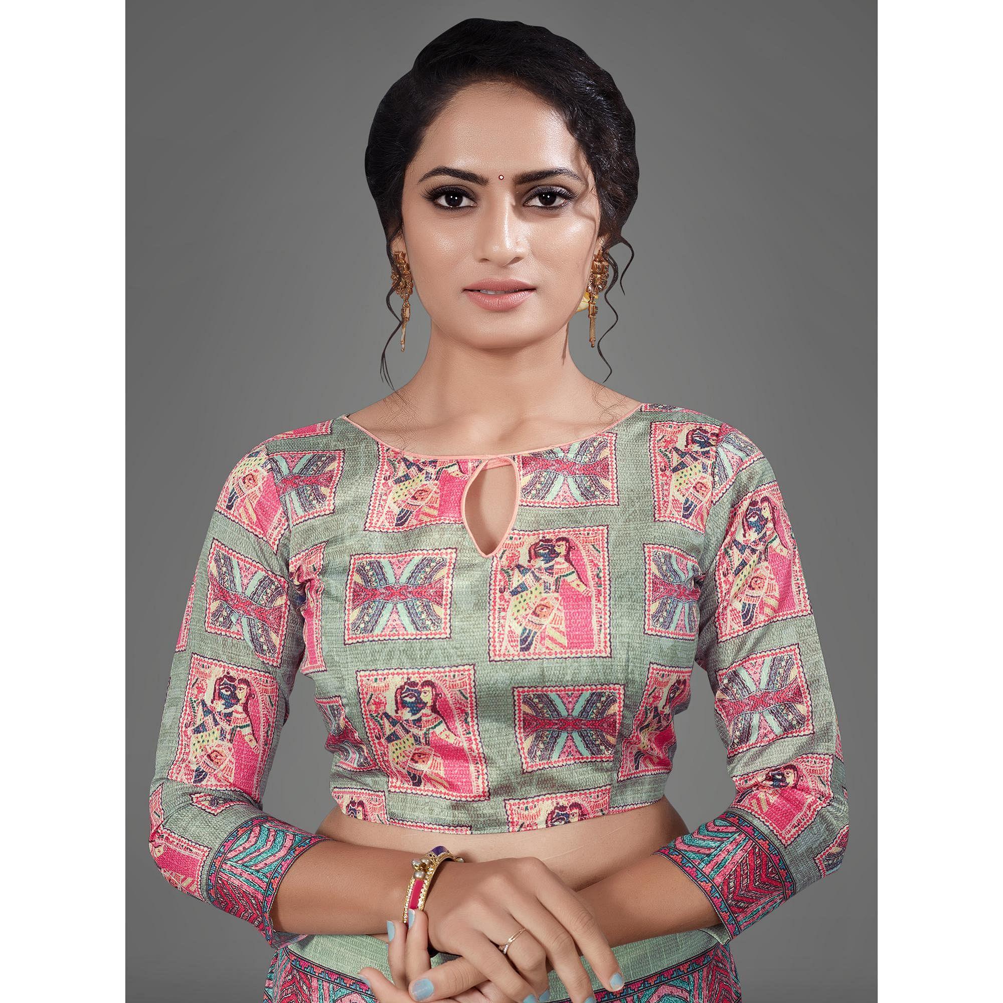 Sea Green Casual Art Silk Printed Saree With Unstitched Blouse - Peachmode