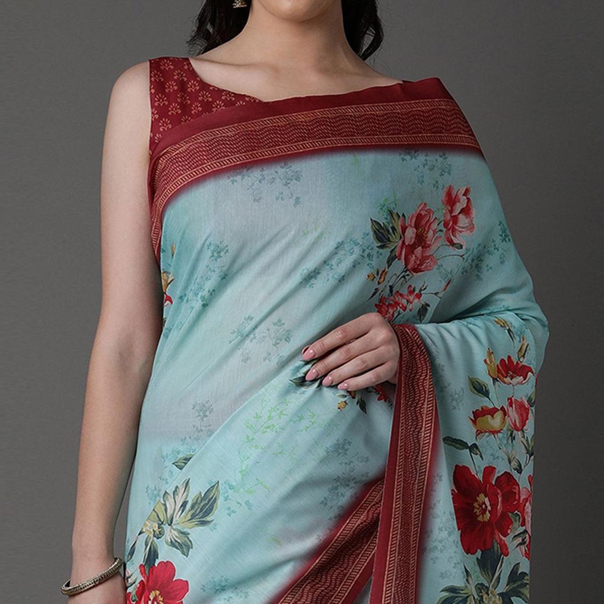 Sea Green Casual Cotton Silk Printed Saree With Unstitched Blouse - Peachmode