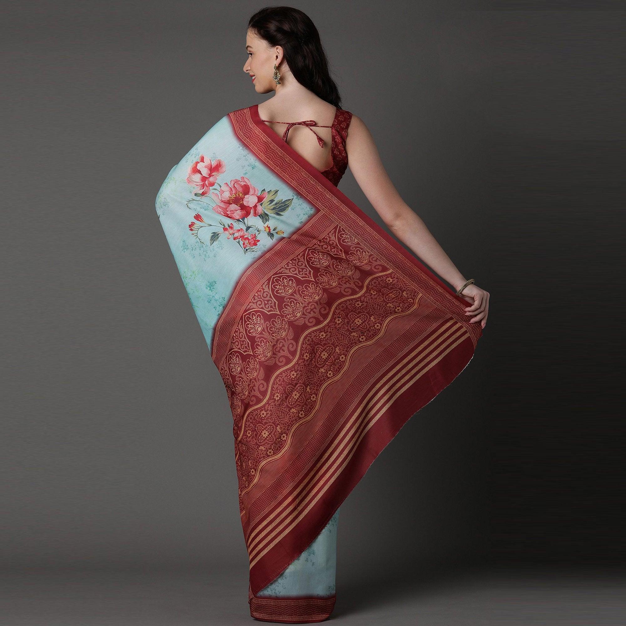 Sea Green Casual Cotton Silk Printed Saree With Unstitched Blouse - Peachmode