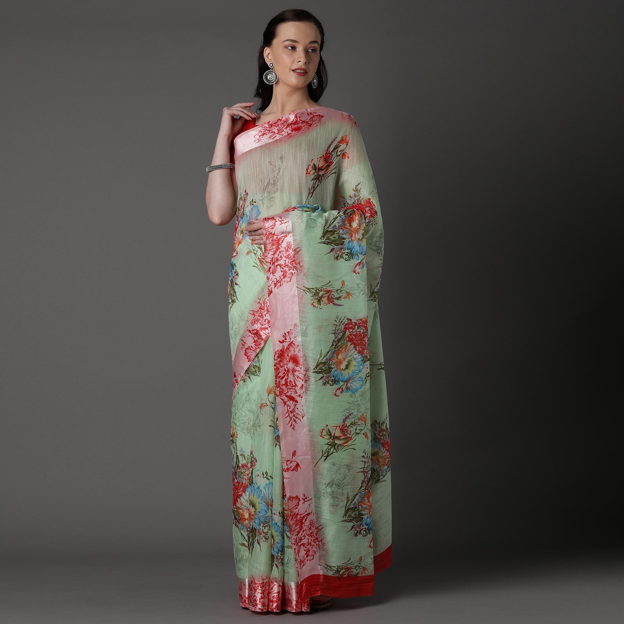 Sea Green Casual Cotton Silk with Satin Patta Printed Saree With Unstitched Blouse - Peachmode
