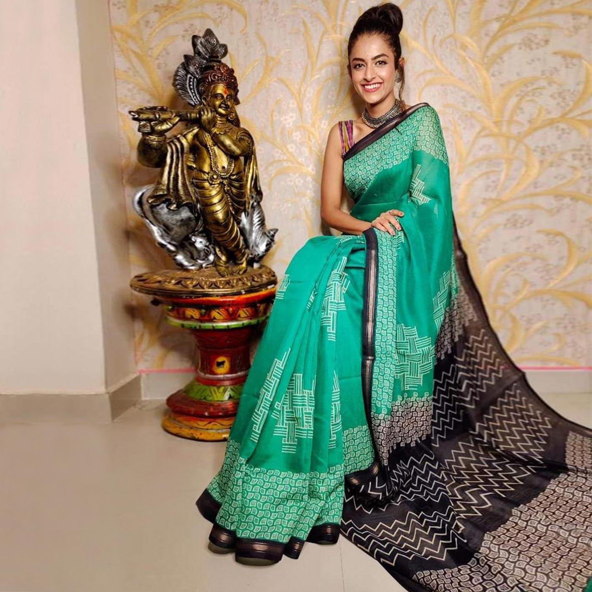 Sea Green Casual Wear Digital Printed Chanderi Silk Saree - Peachmode