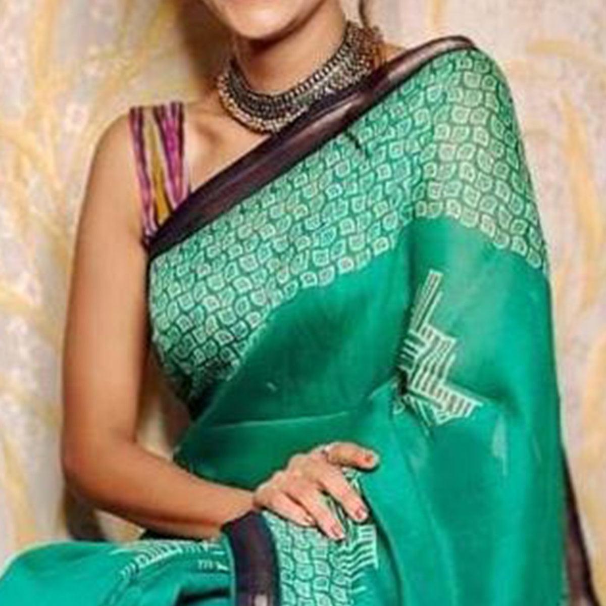 Sea Green Casual Wear Digital Printed Chanderi Silk Saree - Peachmode
