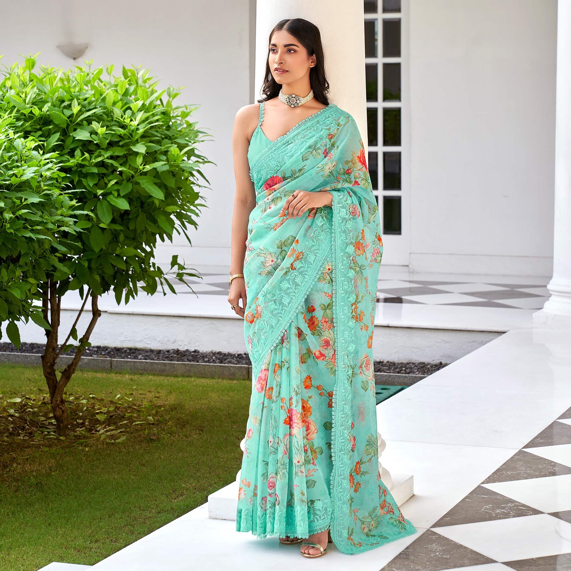 Sea Green Casual Wear Digital Printed Organza Saree - Peachmode