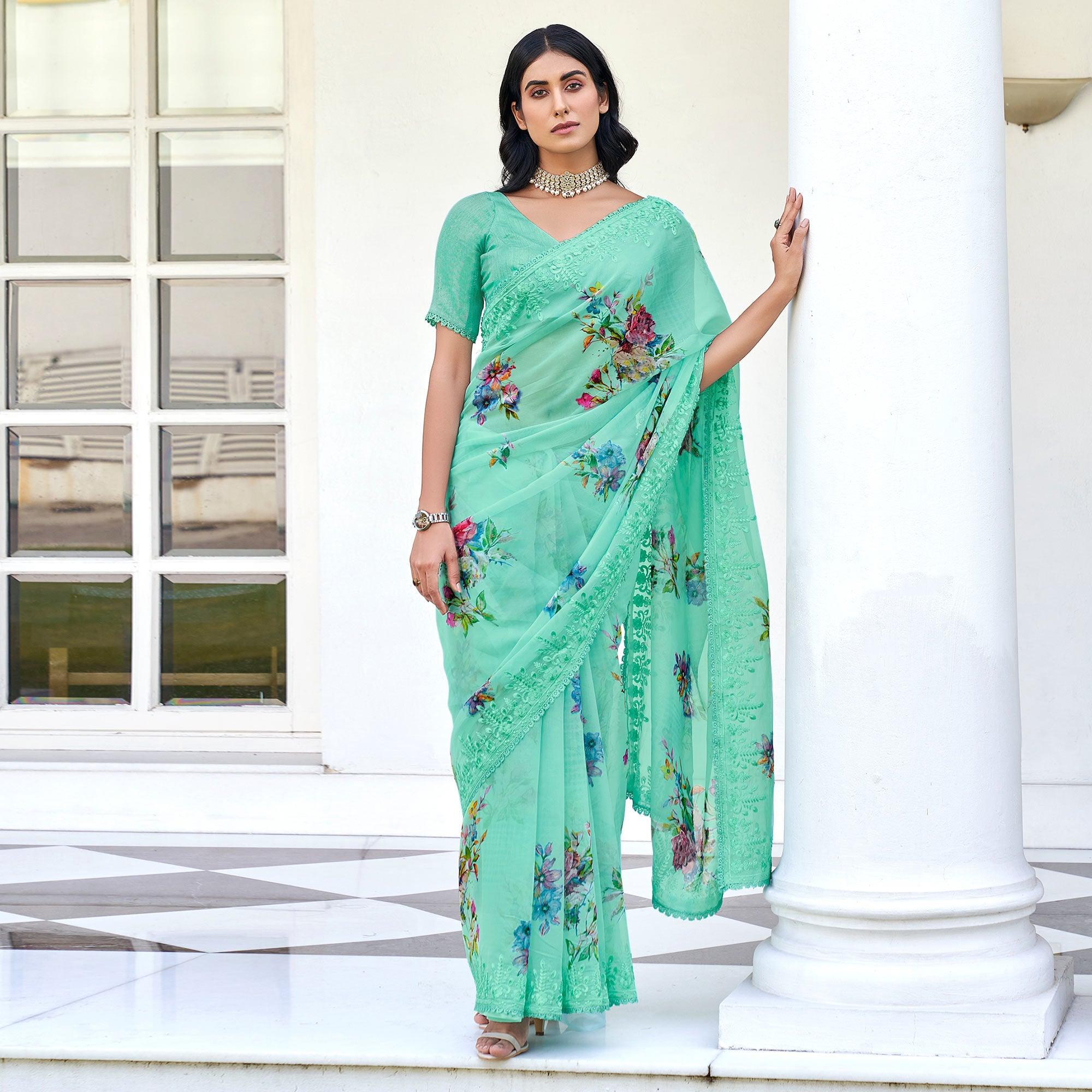 Sea Green Casual Wear Digital Printed Organza Saree - Peachmode
