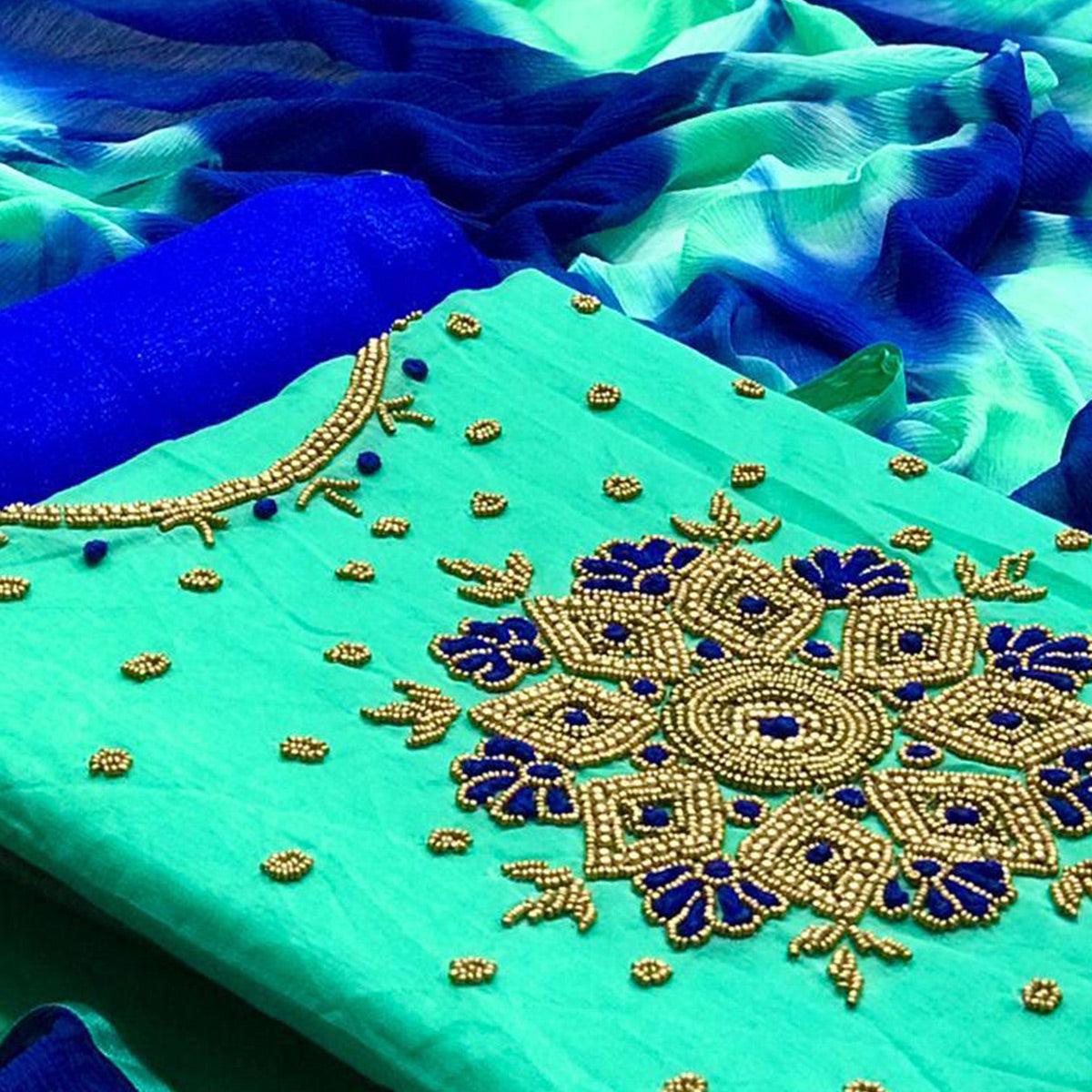 Sea Green Casual Wear Embroidered Modal Dress Material - Peachmode