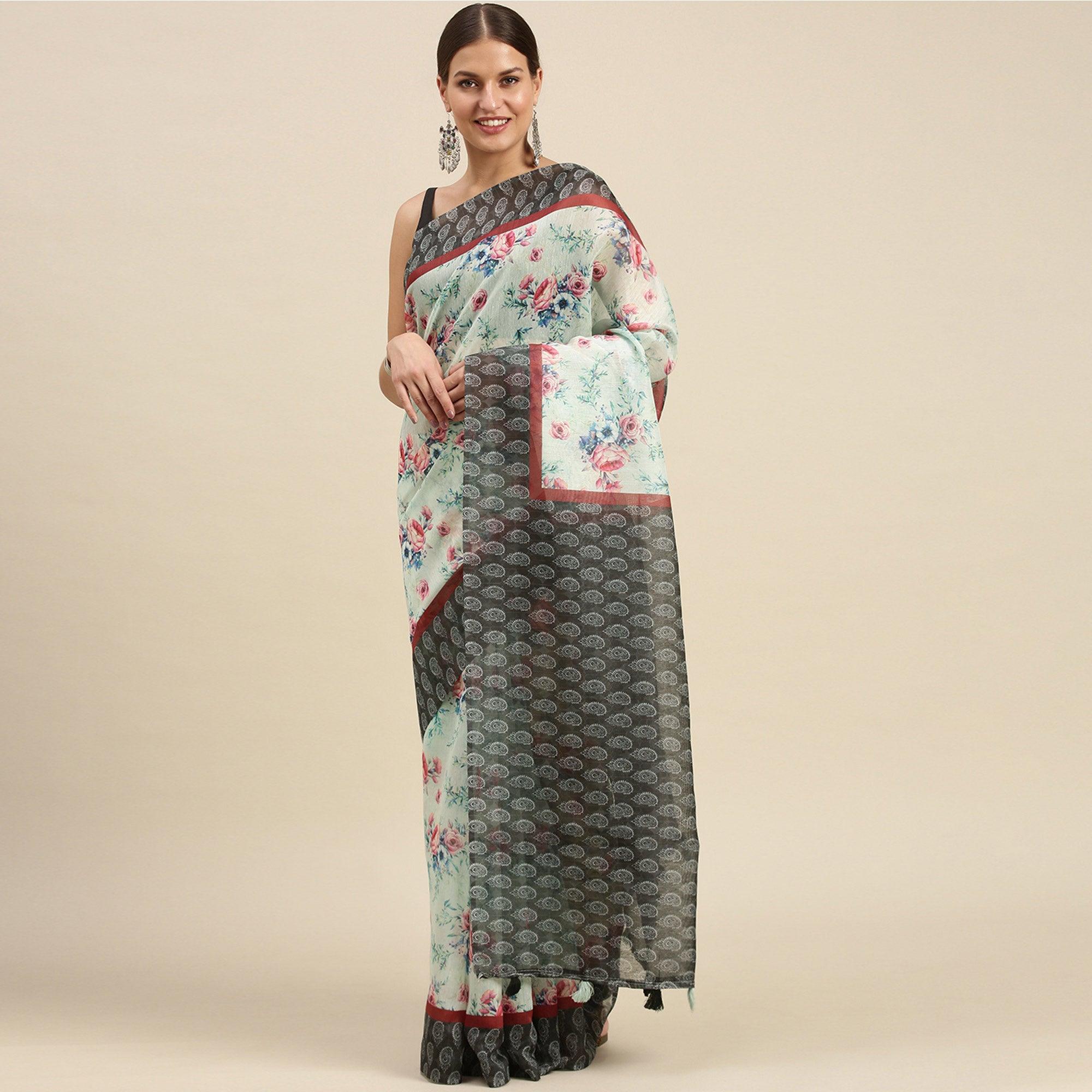 Sea Green Casual Wear Floral Printed Cotton Blend Saree With Tassels - Peachmode