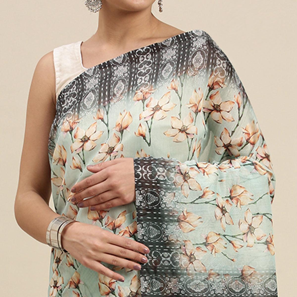 Sea Green Casual Wear Floral Printed Cotton Blend Saree With Tassels - Peachmode