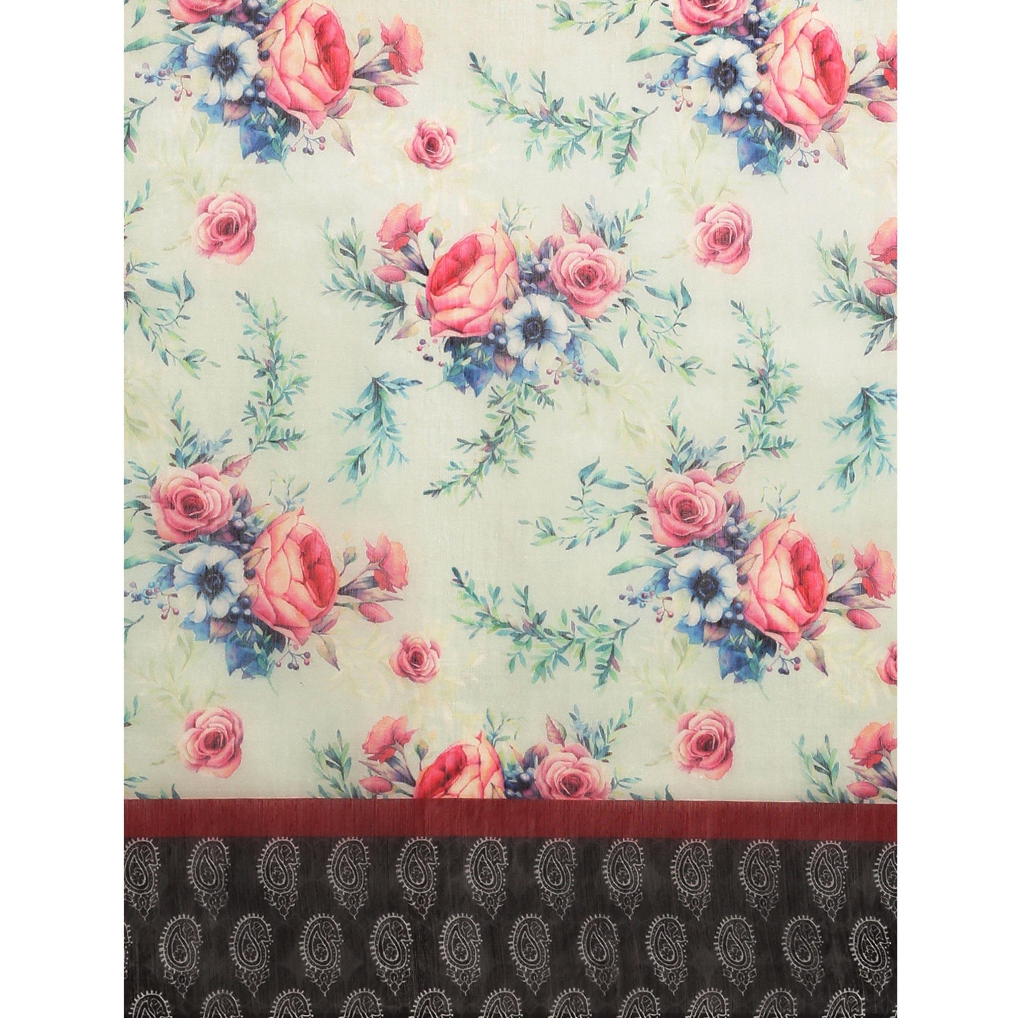 Sea Green Casual Wear Floral Printed Cotton Blend Saree With Tassels - Peachmode